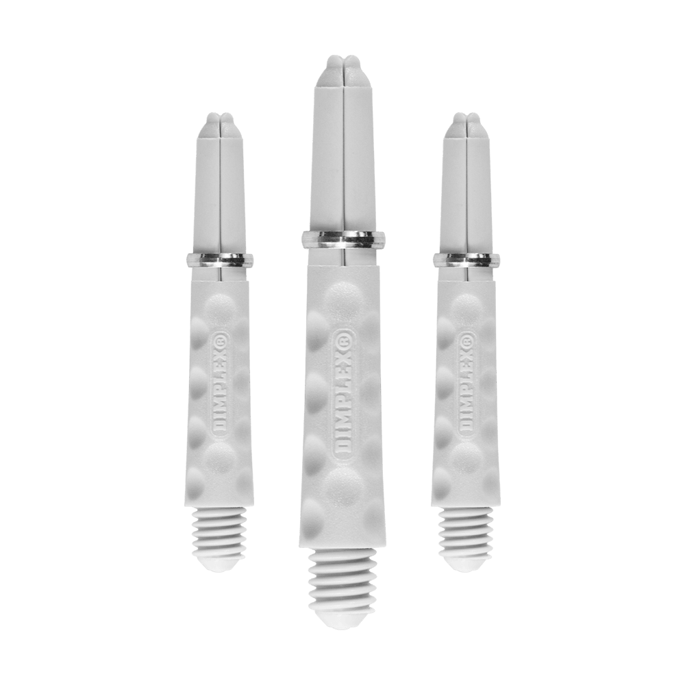 HR323_Harrows_Dimplex_Shafts_Weiss_34mm_1fjQ8vyep6F2cR Das Bild zeigt drei weiße Dartschäfte mit einer strukturierten Oberfläche. Auf jedem Schaft steht das Wort "DIMPLEX" eingeprägt.