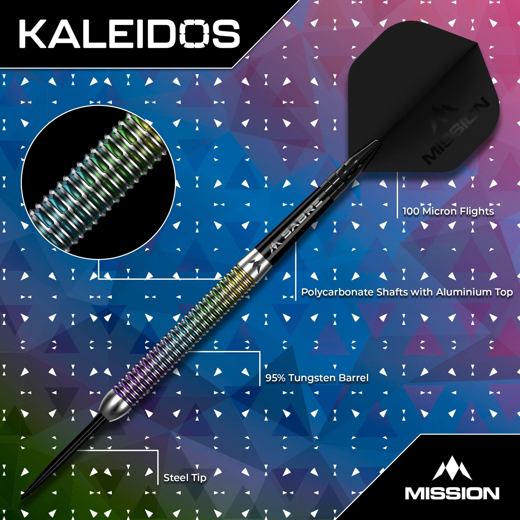 Missione Kaleidos Steeldarts Das Bild zeigt die Mission Kaleidos Steeldarts. Die Darts sind in detailreicher Aufnahme abgebildet.