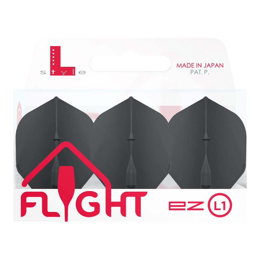 Voli standard L-Style Champagne L1EZ Die Abbildung zeigt eine Packung mit L-Style Champagne L1EZ Standard Flights. In der Verpackung befinden sich drei schwarze Dartflights.