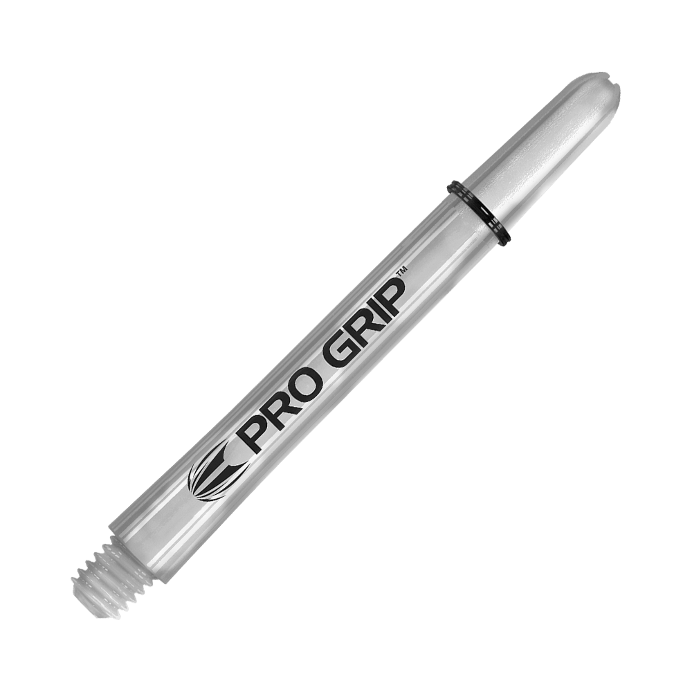 Target Pro Grip Shafts - 3 set - Trasparente Das Bild zeigt einen transparenten "Pro Grip" Schafts für Darts. Der Schaft ist 48 mm lang und hat ein einfaches, klares Design.