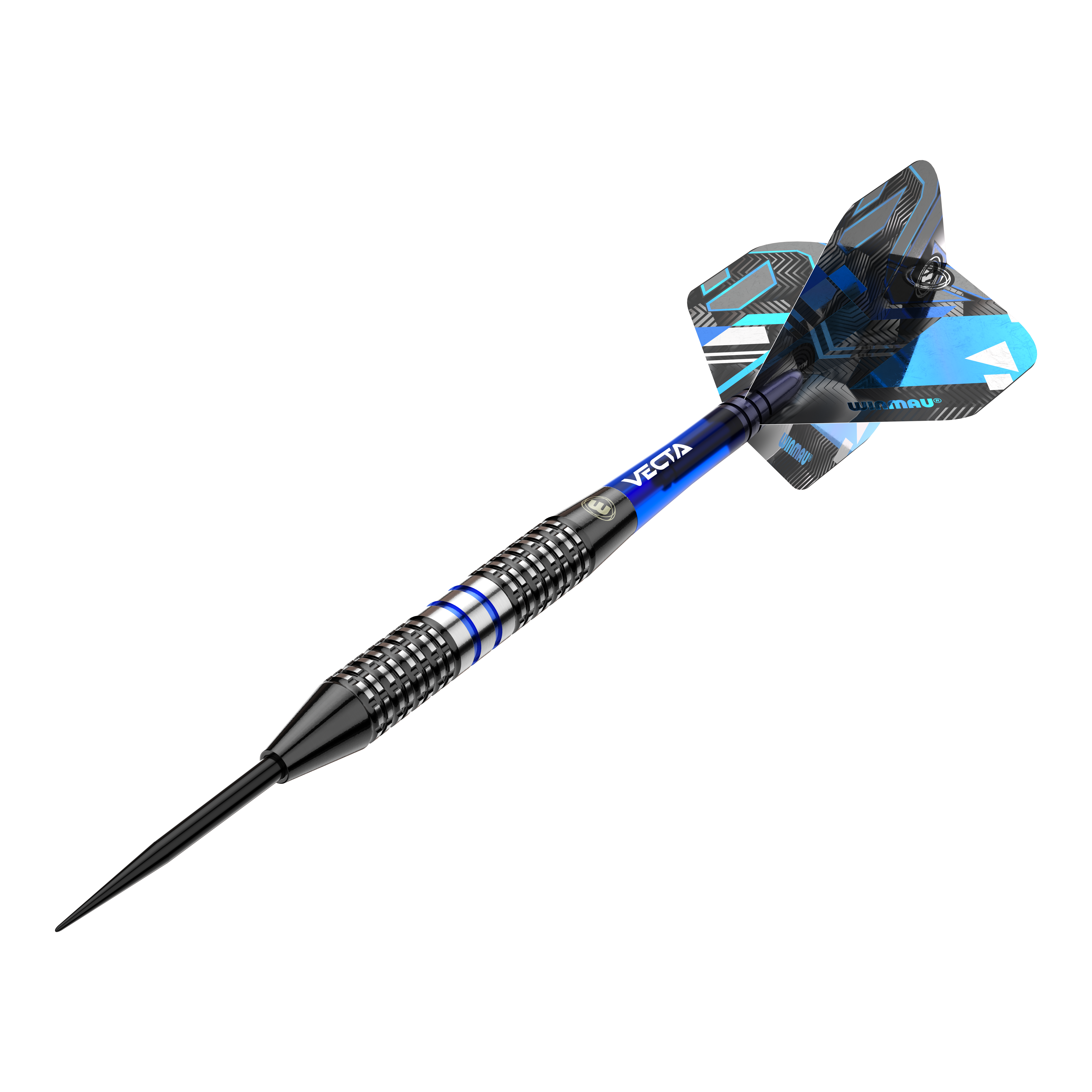 Dardi d'acciaio Winmau Galactics Das Bild zeigt einen Winmau Galactics Steeldart mit einem modernen Design. Der Dart hat blaue und silberne Akzente sowie ein auffälliges Flight-Muster.