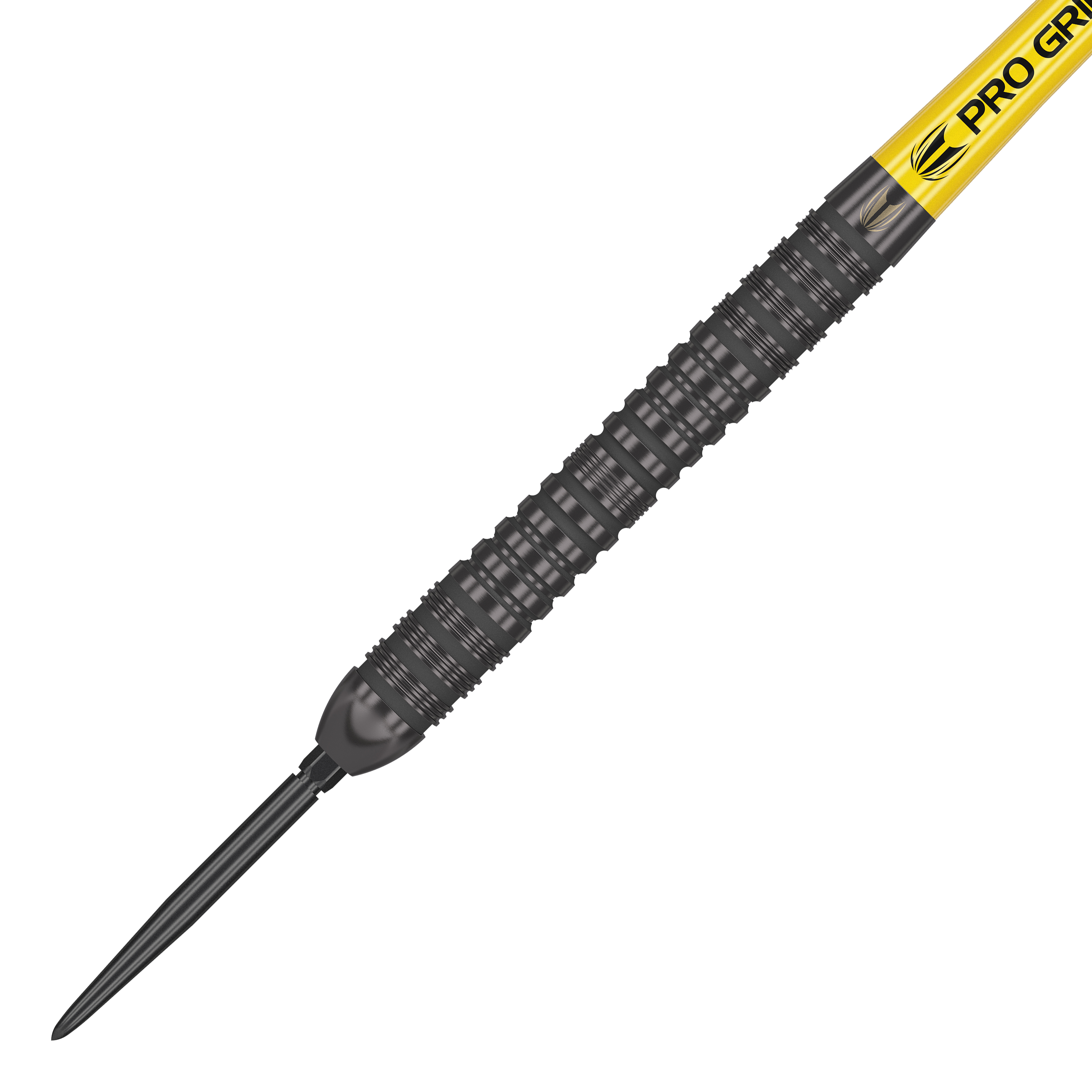 Freccette in acciaio Target Bolide Void 04 Swiss Point Das Bild zeigt einen Target Bolide Void 04 Swiss Point Steeldart. Der Dart hat ein schwarzes, geriffeltes Barrel und einen gelben Schaft mit der Aufschrift "PRO GRIP".