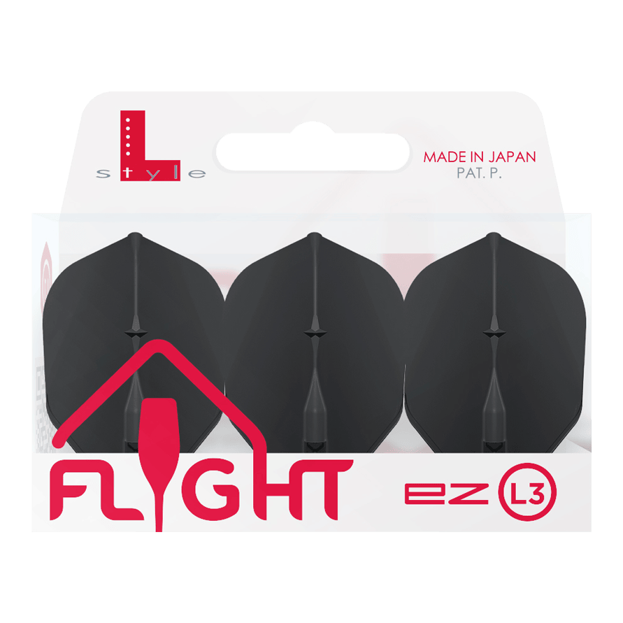 Voli L-L-Style3EZ Auf dem Bild ist eine Packung mit drei schwarzen Dartflights der Marke L-Style zu sehen. Die Verpackung trägt die Aufschrift „MADE IN JAPAN“ und „FLIGHT ez L3“.