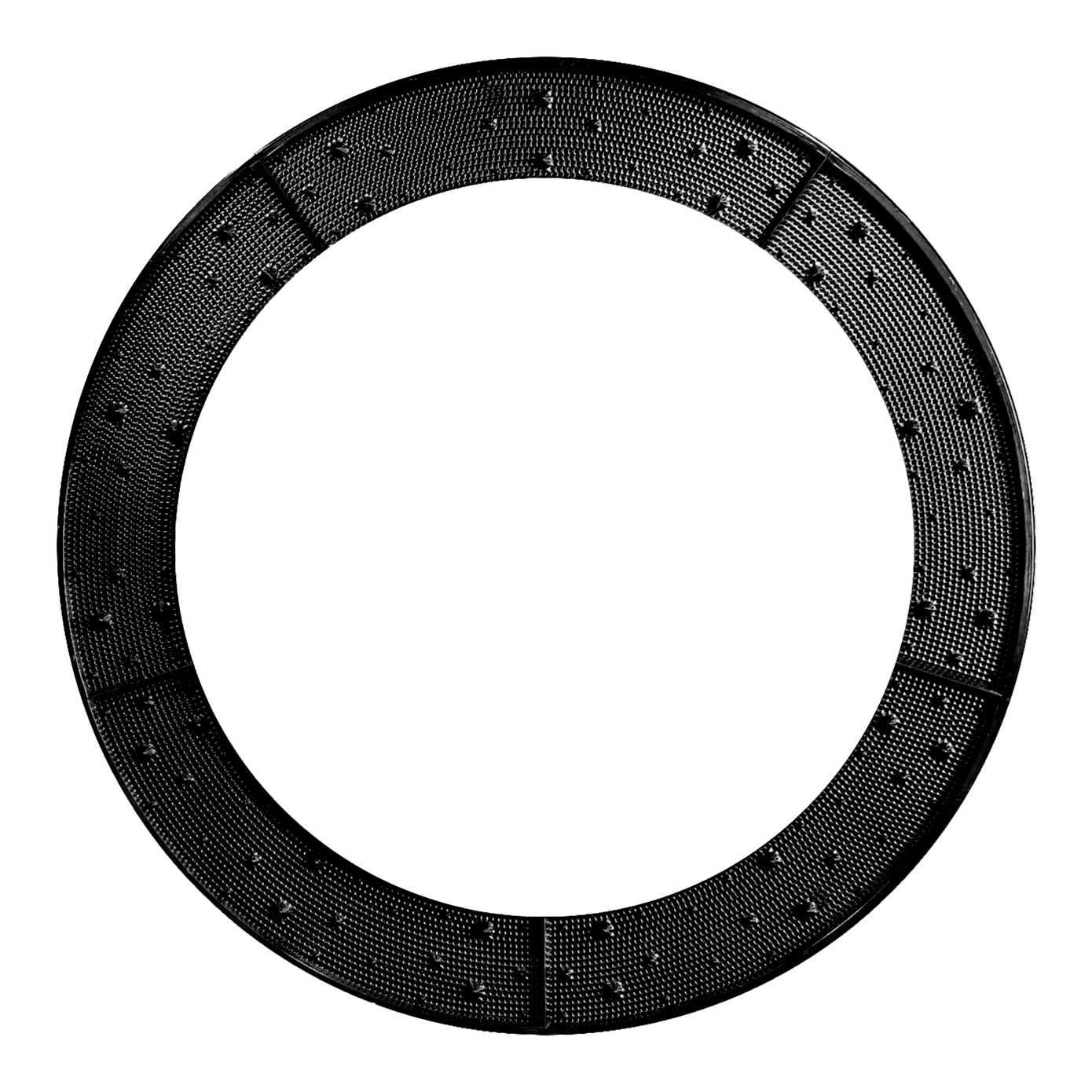 Pezzo di ricambio Karella E-Master Das Bild zeigt einen schwarzen, ringförmigen Wurfkranz mit sichtbaren Noppen auf der Oberfläche. Der Ring ist in mehrere Segmente unterteilt.