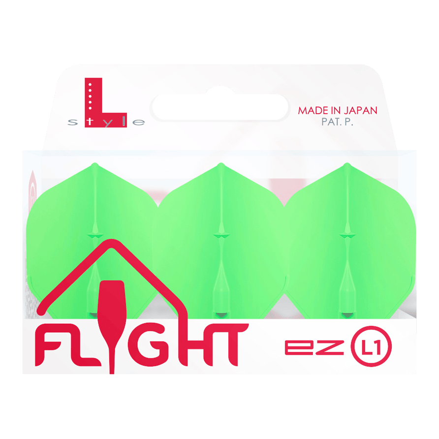 Voli standard L-Style Champagne L1EZ Das Bild zeigt eine Packung der "L-Style Champagne L1EZ Standard Flights" in grün. Die Verpackung ist weiß und hebt hervor, dass das Produkt in Japan hergestellt wurde.