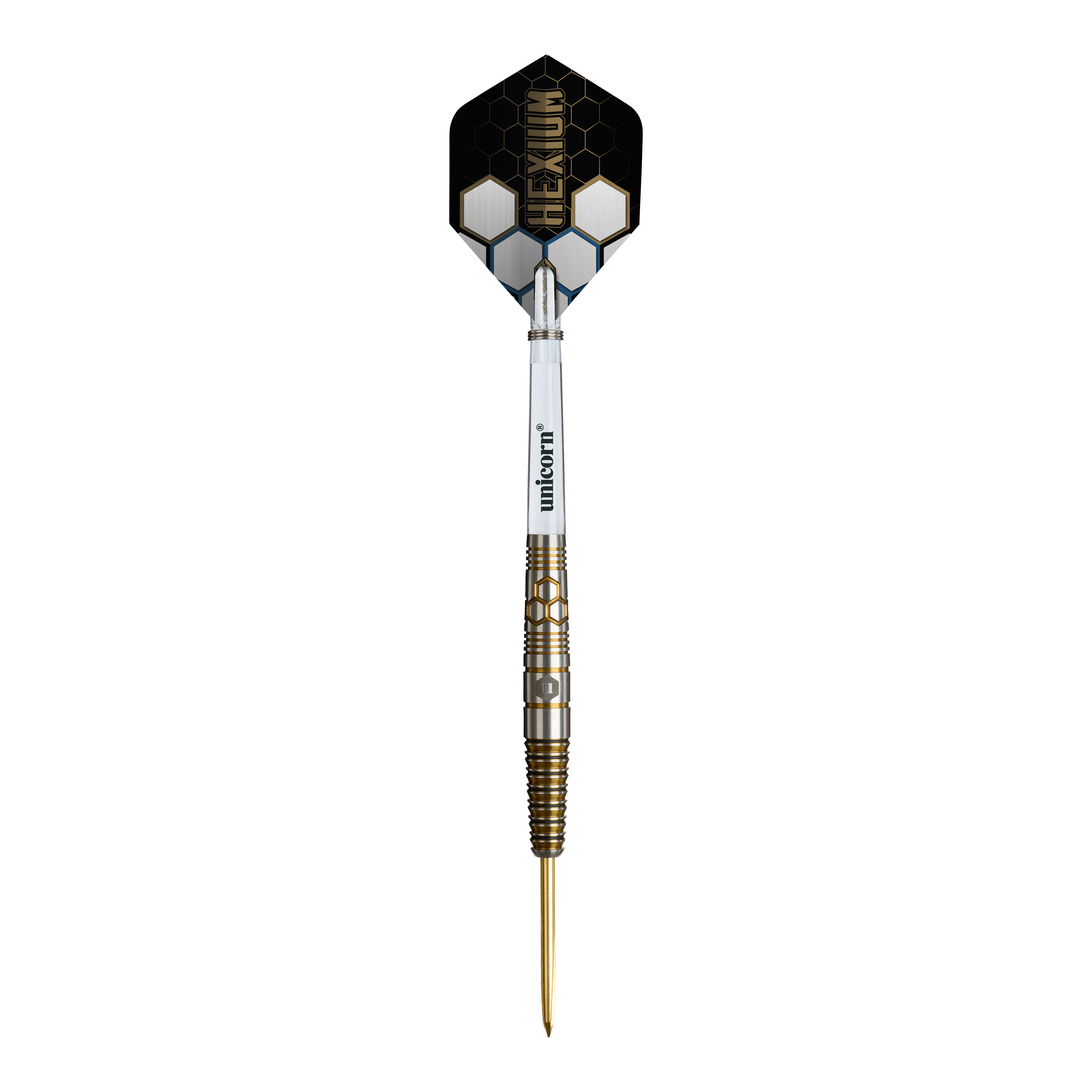 Freccette in acciaio Unicorn Hexium Style 03 oro e nere Unicorn Hexium Style 03 Gold & Black Steeldarts werden in dieser Abbildung dargestellt. Die besondere Gold-Schwarz-Optik hebt die Darts hervor.