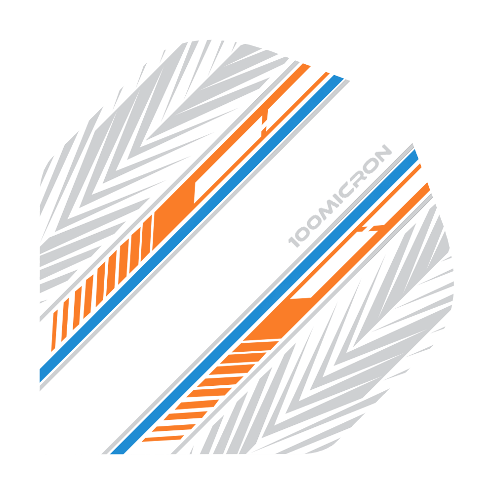 Voli Pentathlon bianchi/arancioni/blu Das Bild zeigt ein Dartflight mit einem weißen Hintergrund und auffälligen orange-blauen Streifen. Zusätzlich sind graue geometrische Muster und der Schriftzug "100MICRON" zu sehen.