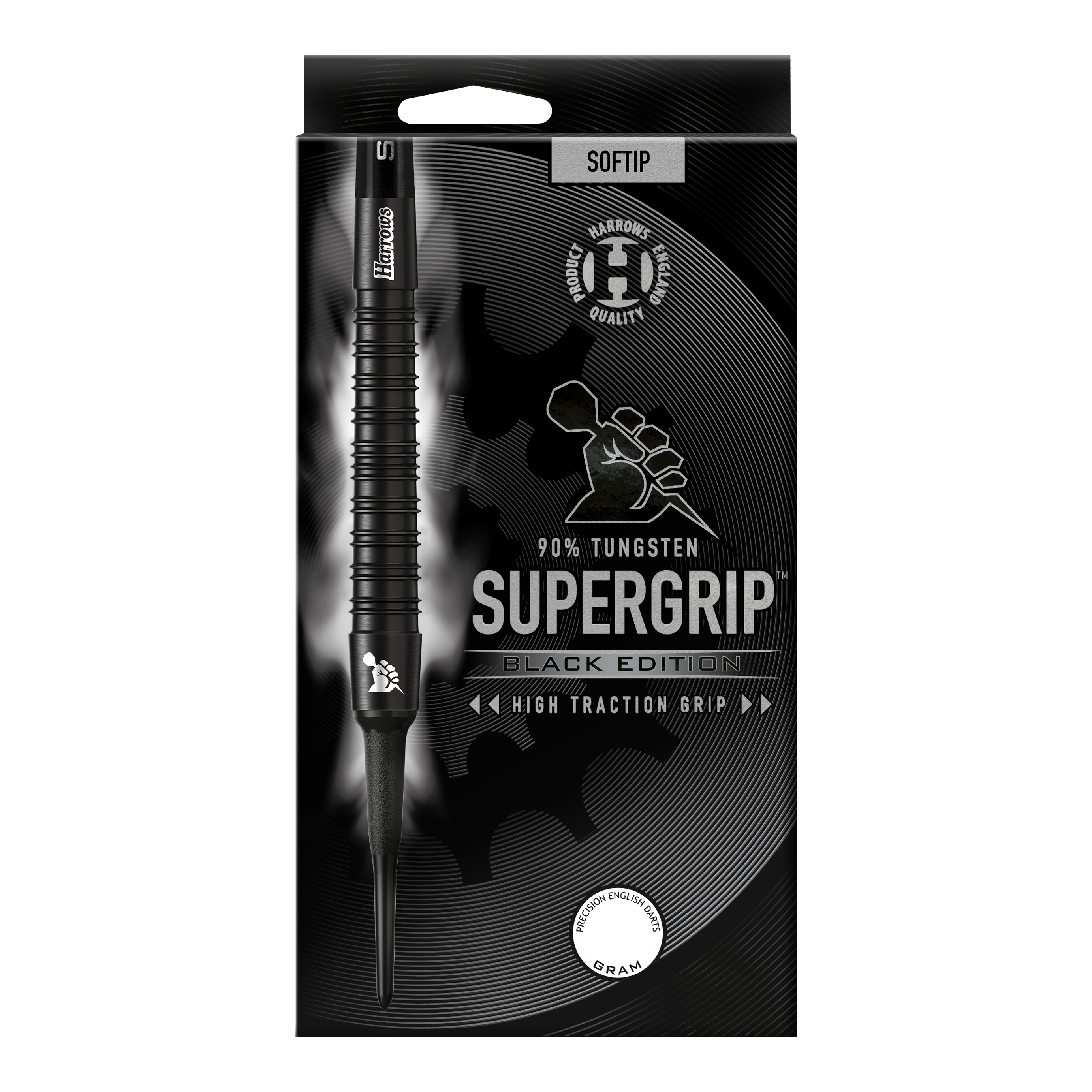 Freccette morbide Harrows Supergrip Black Edition Das Bild zeigt die Verpackung der "Harrows Supergrip Black-Edition Softdarts". Die Darts bestehen zu 90 % aus Tungsten und haben eine hohe Griffigkeit.