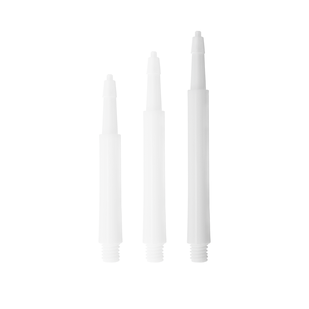 HRC12633W_Harrows_Clic_Standard_Shafts_Weiss_23mm_1HRduHnR5Wr7Ax Das Bild zeigt drei weiße Harrows Clic Standard Shafts in unterschiedlichen Längen. Die Shafts sind für den Einsatz bei Darts gedacht.