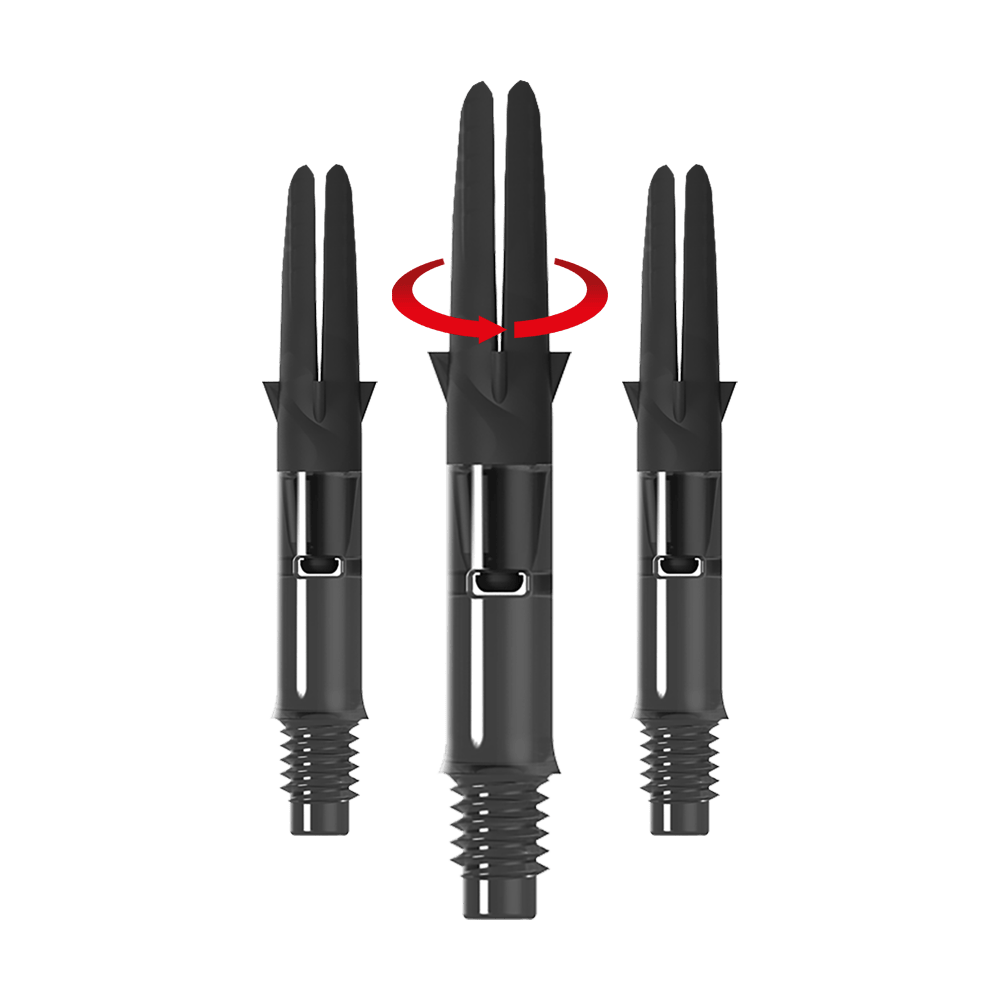 L-L-Style-Shaft Carbon Silent Straight - Nero Das Bild zeigt drei schwarze Carbon-Schaftsätze für Dartpfeile ohne Kappen. Über dem mittleren Schaft ist ein roter Pfeil, der eine Drehbewegung anzeigt.