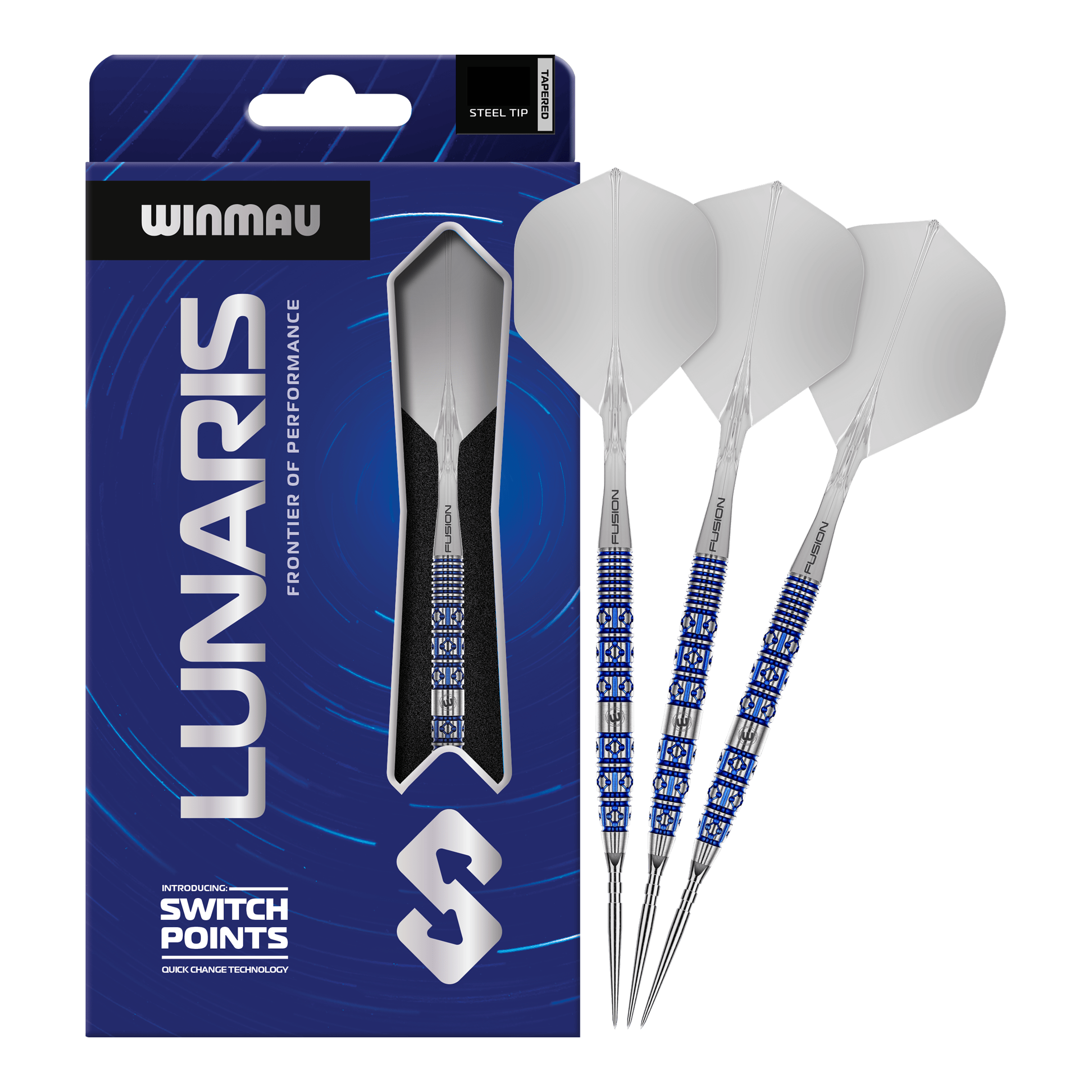 Hier ist das Produkt Winmau Lunaris Tapered Switch Point Steeldarts zu sehen. Diese Steeldarts bieten eine hochwertige Verarbeitung und ein elegantes Aussehen.
