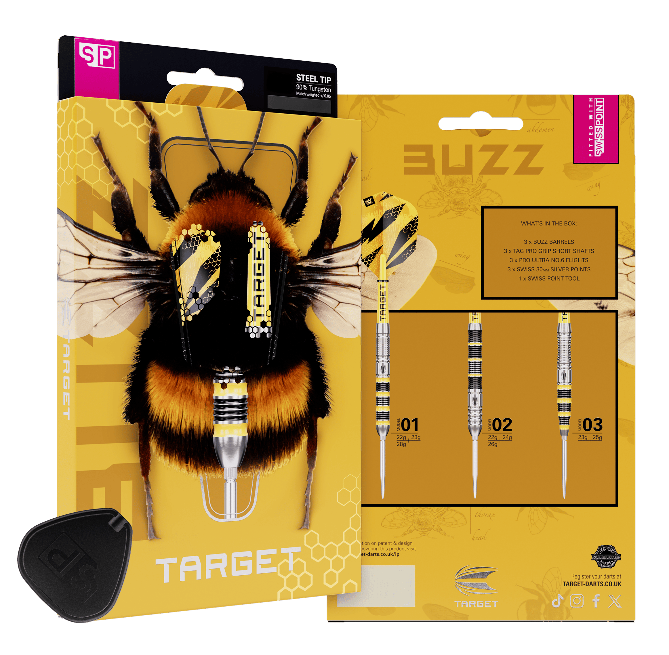 Freccette in acciaio Target Buzz 02 Swiss Points Abgebildet sind die Target Buzz 02 Swiss Points Steeldarts. Die Darts liegen ordentlich angeordnet auf hellem Hintergrund.
