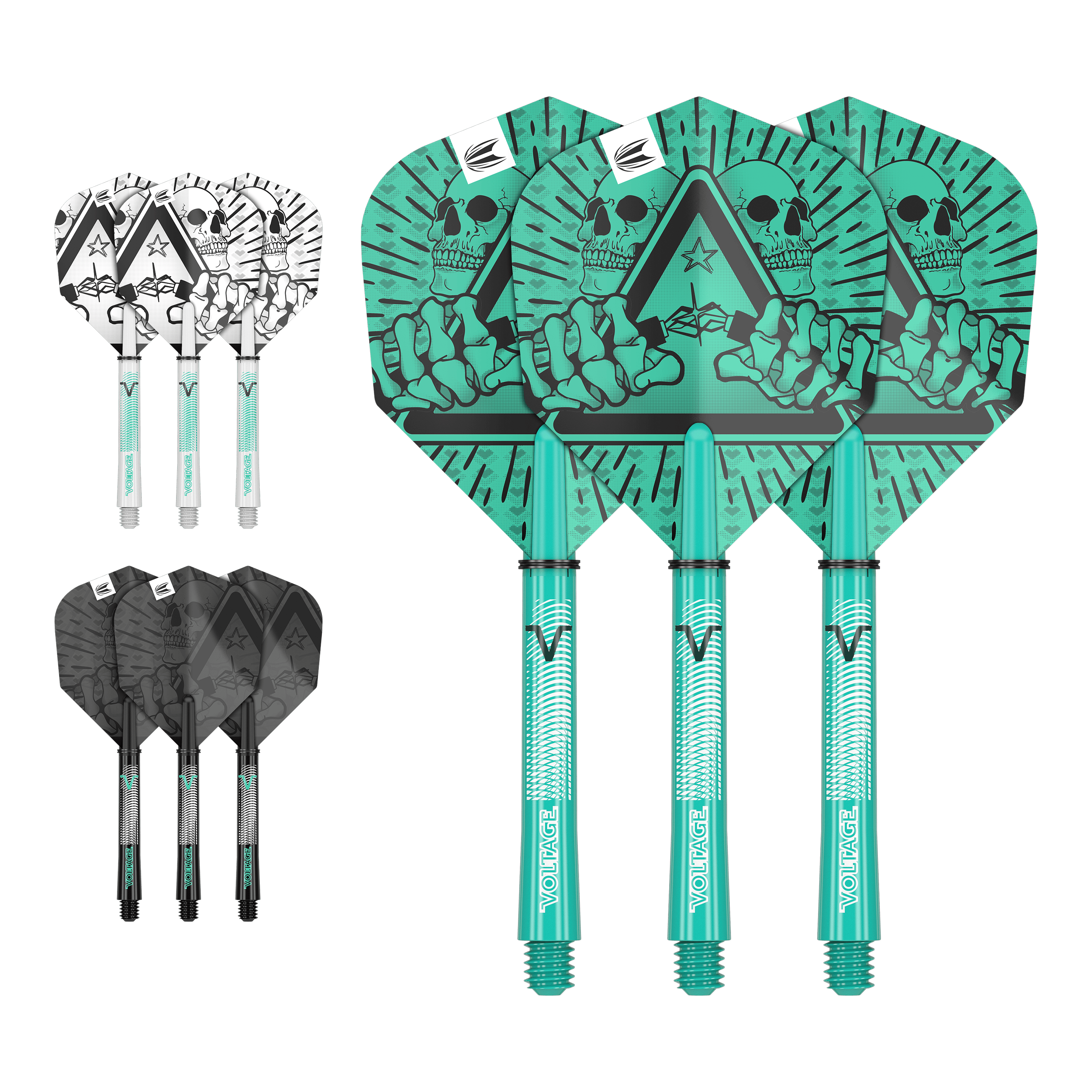 Kit albero di volo Target Ink Rob Cross Das Bild zeigt drei Sätze von Dartflights und -schäften in unterschiedlichen Farben und Designs. Die größten Flights haben ein auffälliges grünes Motiv mit einem Totenkopf und einer Hand.