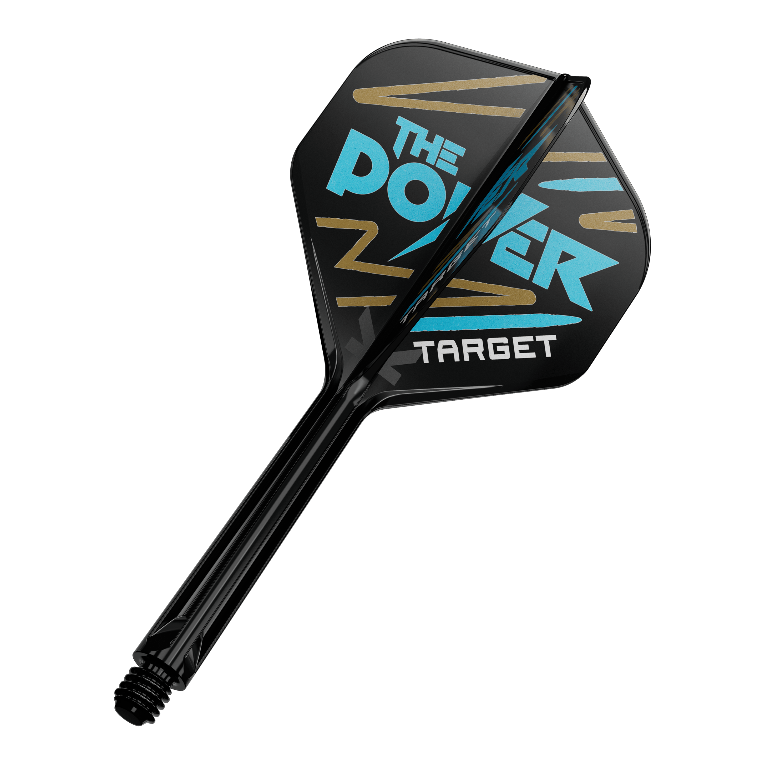 Sistema di alberi di volo standard Target K-Flex Phil Taylor No2 Auf dem Bild ist ein Dartpfeil mit schwarzer Flight zu sehen. Auf der Flight steht in blauer und weißer Schrift "The Power" und "Target" mit goldenen Zierstreifen.