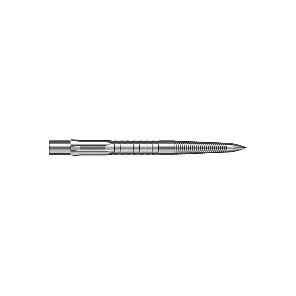 Punte per freccette in acciaio Caliburn System - Micro Grip - Argento Das Bild zeigt eine silberne Steeldartspitze mit feinem Mikrorillen-Grip. Die Spitze ist gerade und hat eine Länge von 28 mm.