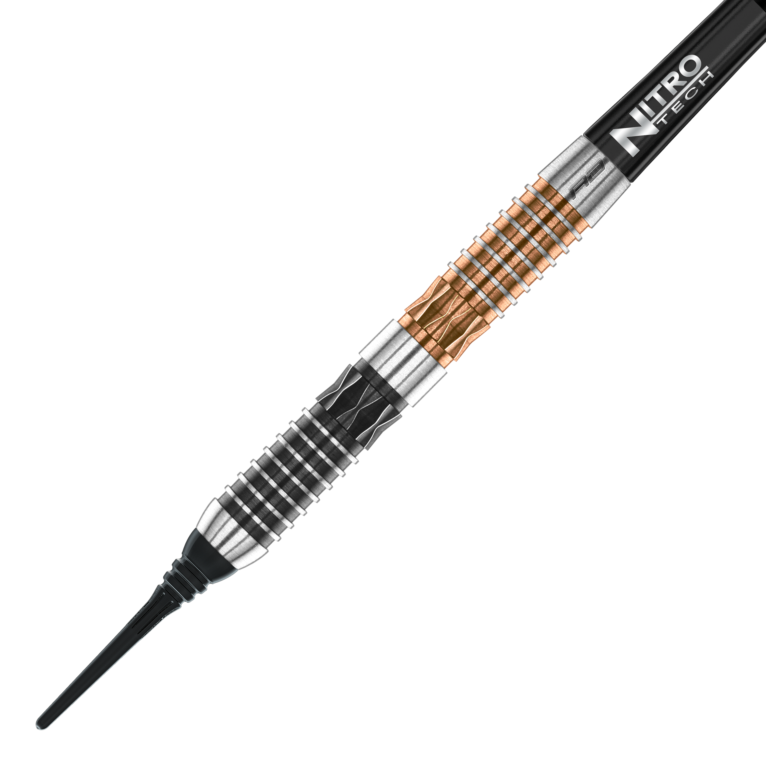 Freccette morbide Red Dragon Panterra - 20 g Das Bild zeigt einen Red Dragon Panterra Softdart mit einem Gewicht von 20g. Der Dartpfeil hat ein auffälliges Design mit schwarzen, silbernen und bronzefarbenen Elementen.