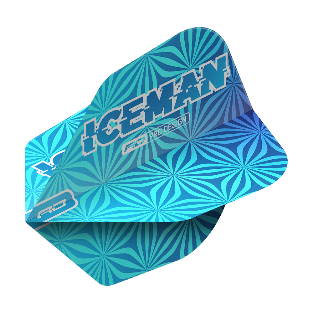 Voli Red Dragon Gerwyn Price Iceman Blue No6 Das Bild zeigt ein blaues Dart-Flight mit geometrischem Muster und der Aufschrift "ICEMAN". Es handelt sich um das Produkt "Red Dragon Gerwyn Price Iceman Blue No6 Flights".