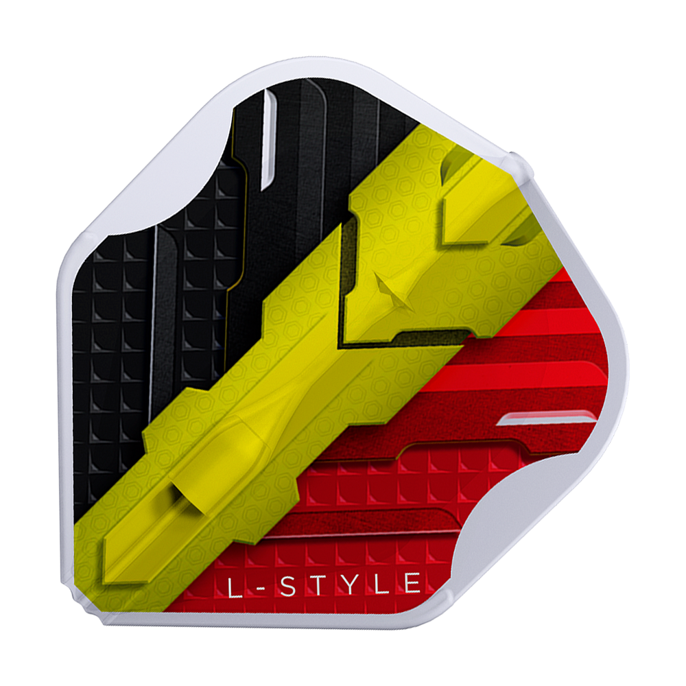 Alette L-Style V-Series V1 Tipo C Belgio Bianco Trasparente L1EZ Dies ist ein Dartflight mit den Farben Schwarz, Gelb und Rot im Design der belgischen Flagge. Am unteren Rand steht in Weiß der Schriftzug "L-STYLE".