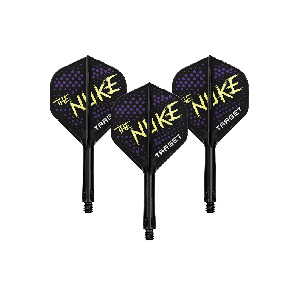 Target K-Flex Luke Littler Black No2 Standard Flight System Auf dem Bild sind drei schwarze Dartflights mit dem Schriftzug „The Nuke“ in gelber Farbe zu sehen. Die Flights haben außerdem violette Punkte und den Markennamen „Target“ in weiß.