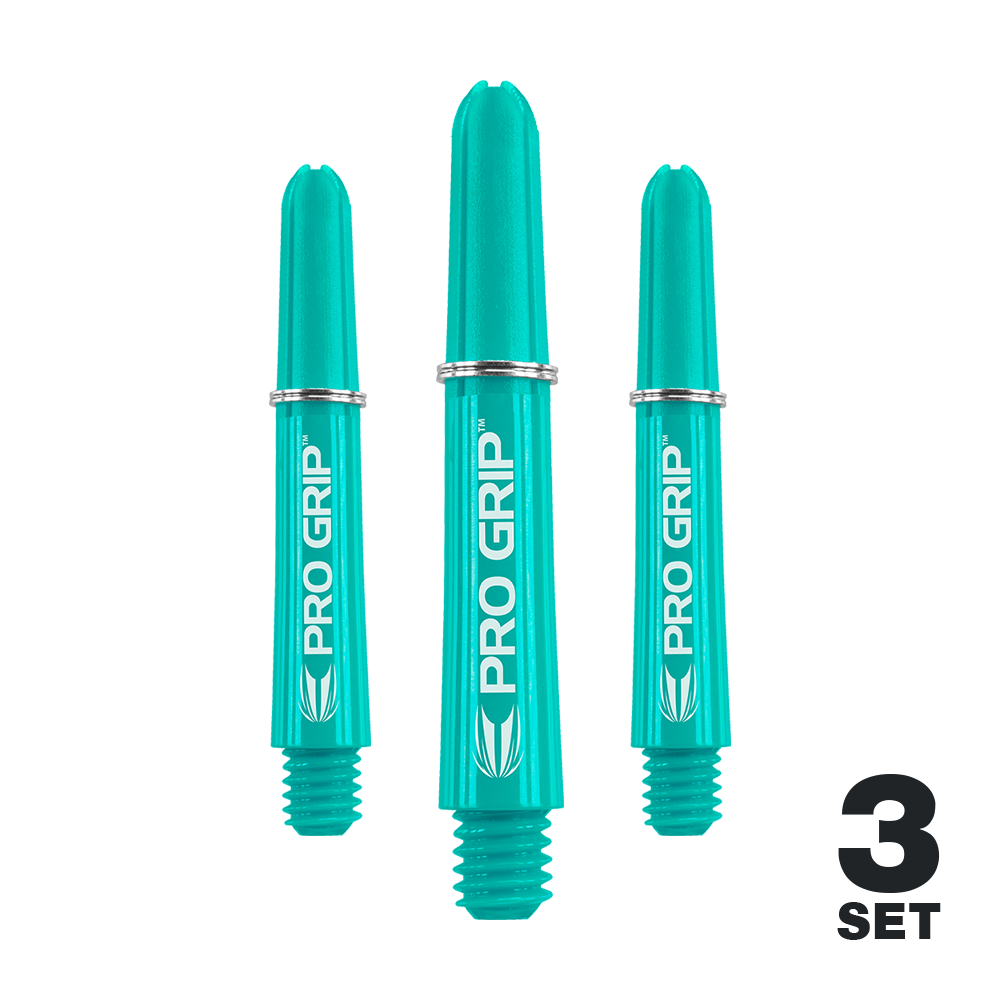 Target Pro Grip Shafts - 3 set - Aqua Auf dem Bild sind drei aqua-blaue Pro Grip Shafts für Darts zu sehen. In der rechten unteren Ecke steht "3 SET".