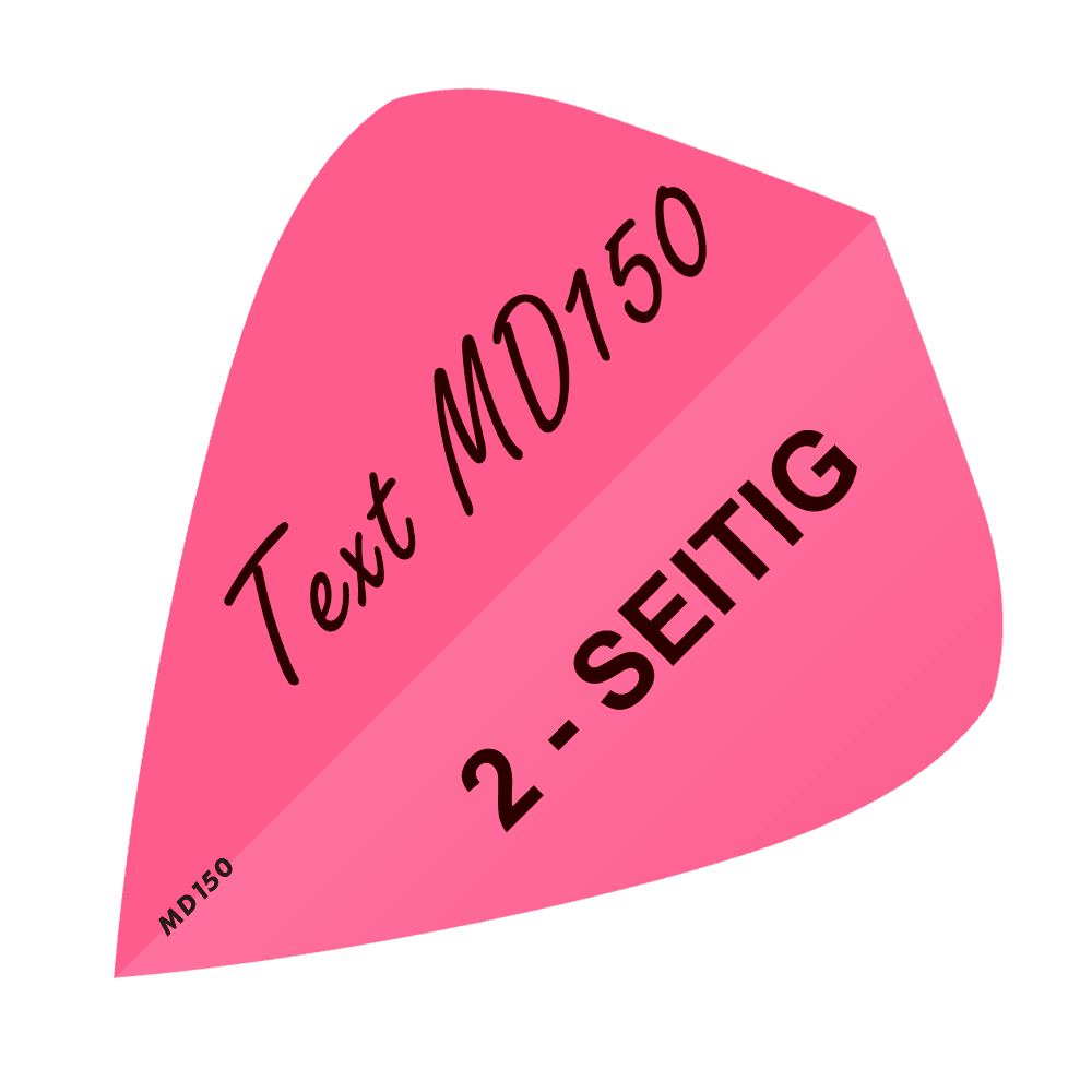 MD-302_2-Seitig_Bedruckte_Flights_Wunschtext_MD150_Pink_Kite_1 Das Bild zeigt einen pinken Dartflight in Kite-Form mit schwarzem Aufdruck. Darauf steht "Text MD150" und "2-SEITIG".