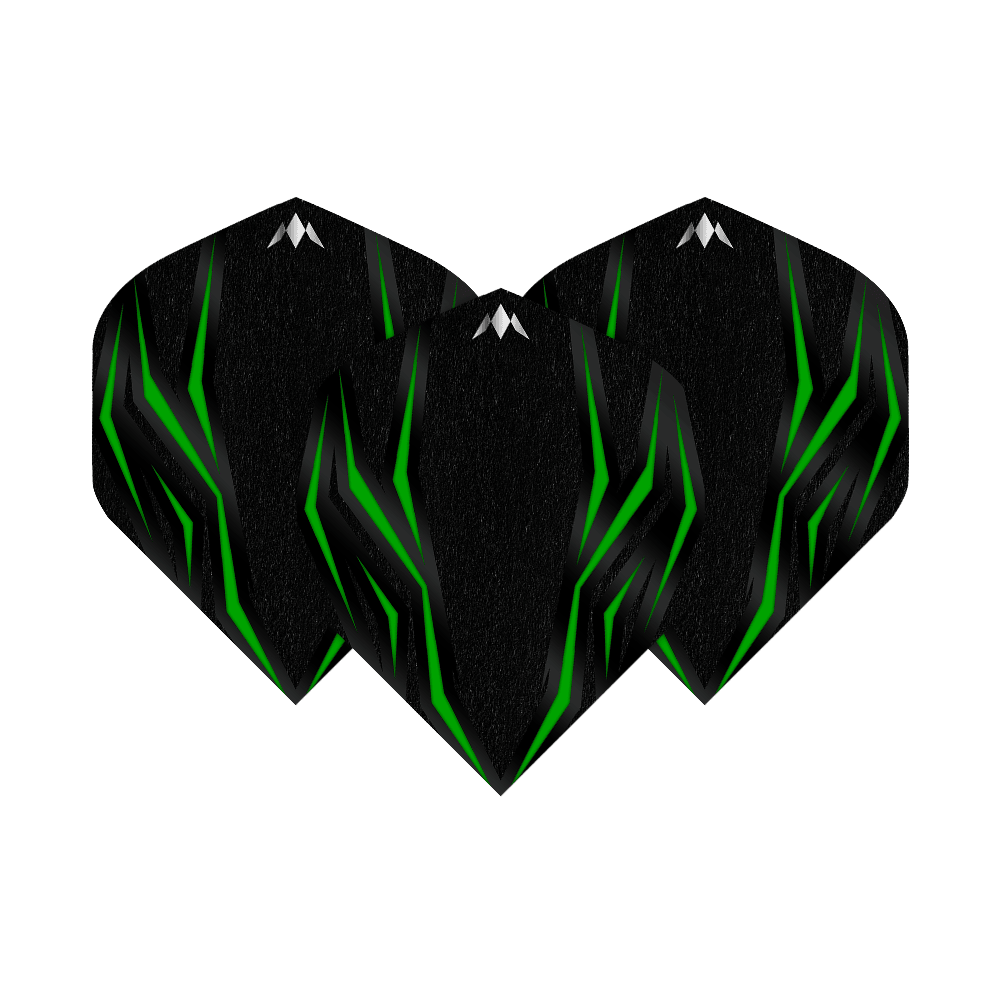 Voli standard Mission Lava Green No2 Das Bild zeigt die Mission Lava Green No2 Standard Flights. Die Flights sind schwarz mit grünen, leuchtenden Linien und einem kleinen weißen Logo oben.
