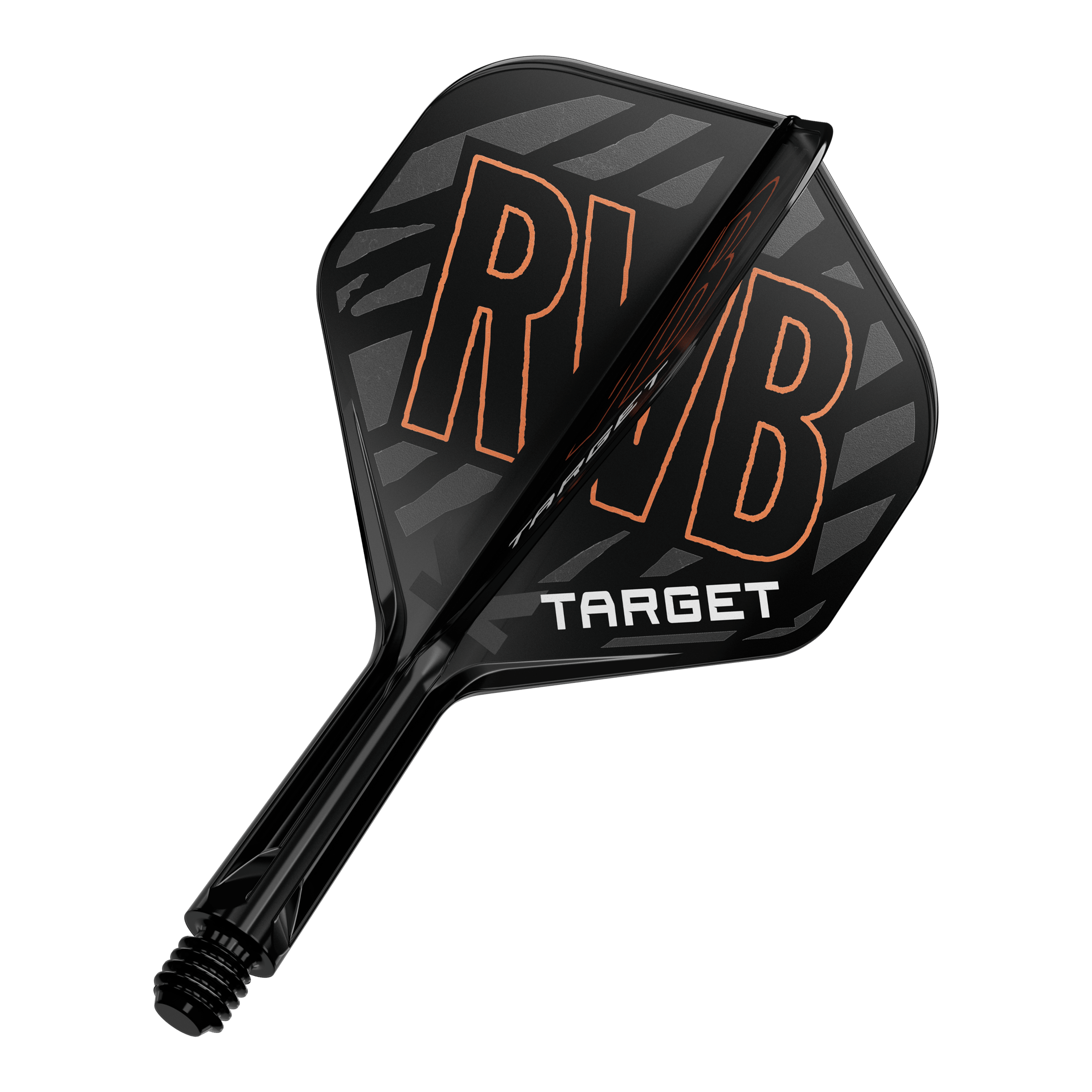Target K-Flex Raymond Van Barneveld No2 Sistema di albero di volo standard Das Bild zeigt einen schwarzen Dartflight mit der Aufschrift "RVB" in orange. Darunter steht das Wort "TARGET" in weißen Buchstaben.