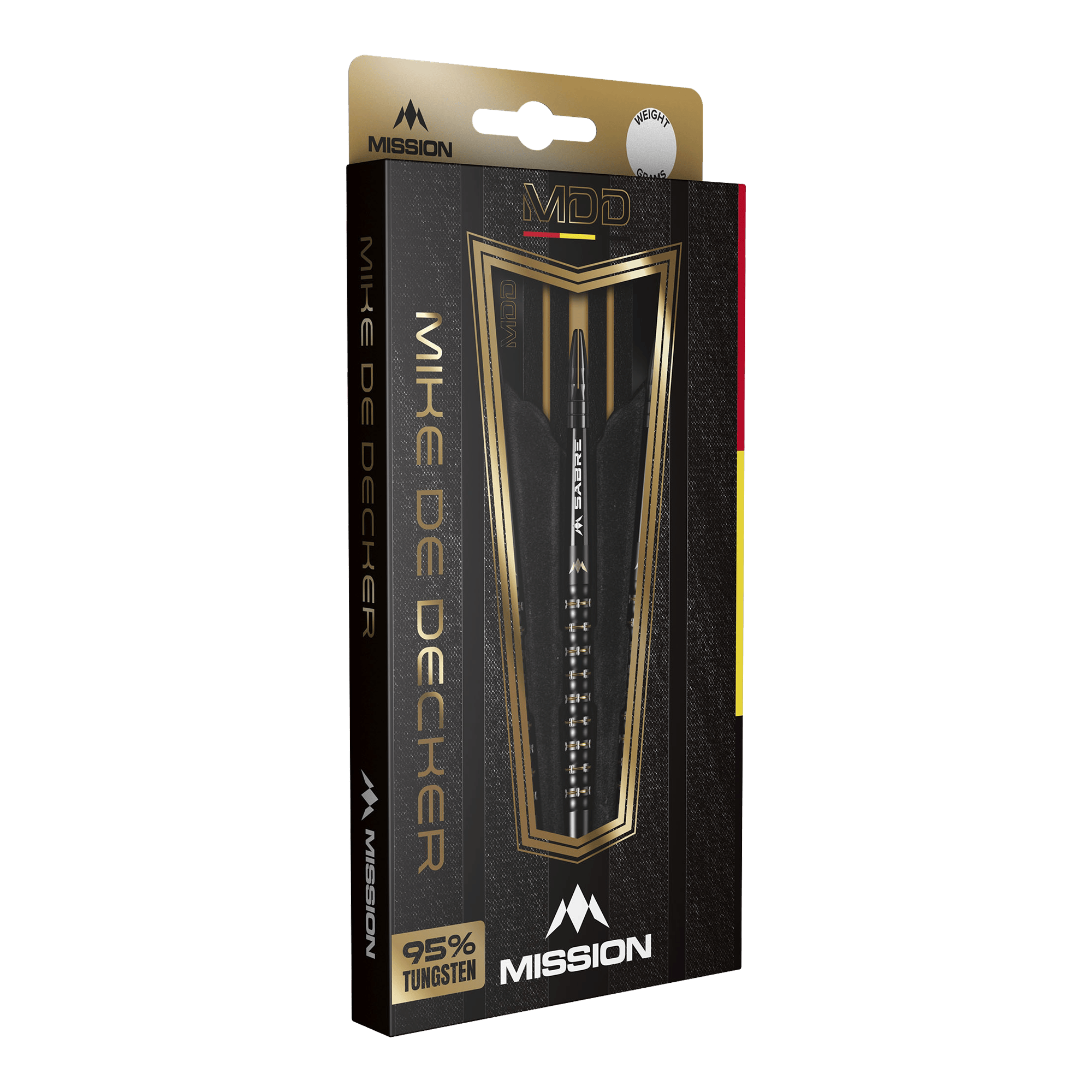 Freccette morbide Mission Mike De Decker MDD Black Gold - 20 g Die Abbildung zeigt die Verpackung der "Mission Mike De Decker MDD Black Gold Softdarts - 20g". Die elegante Box hebt das Design der Darts sowie den hohen Tungsten-Anteil von 95 % hervor.