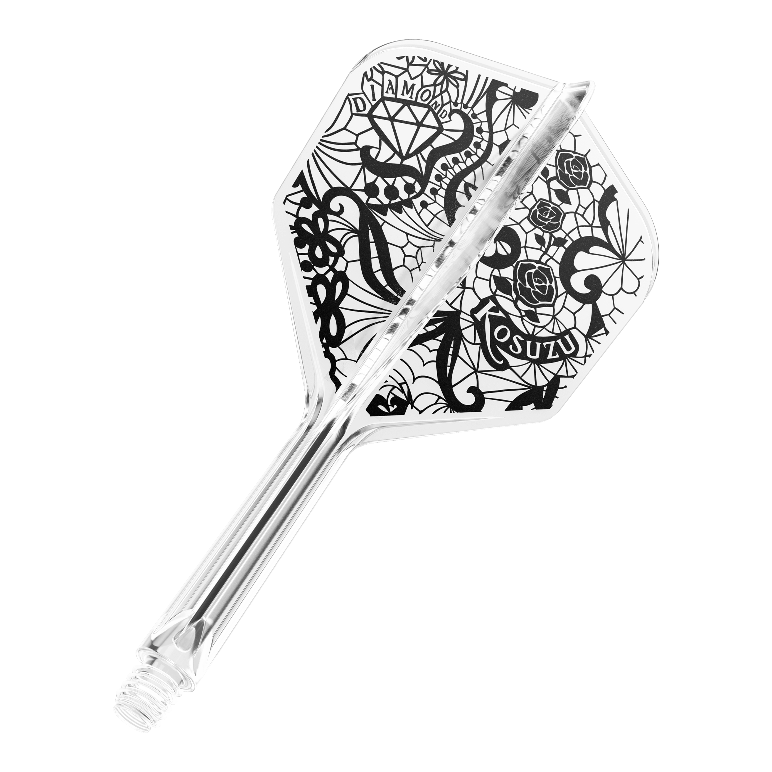 Sistema di alberi di volo Target Japan K-Flex Diamond No6 Dies ist ein transparenter Dartpfeil mit schwarzem, detailreichem Design auf der Flight-Fläche. Auf dem Flight sind unter anderem ein Diamant, Rosen und Schriftzüge zu sehen.