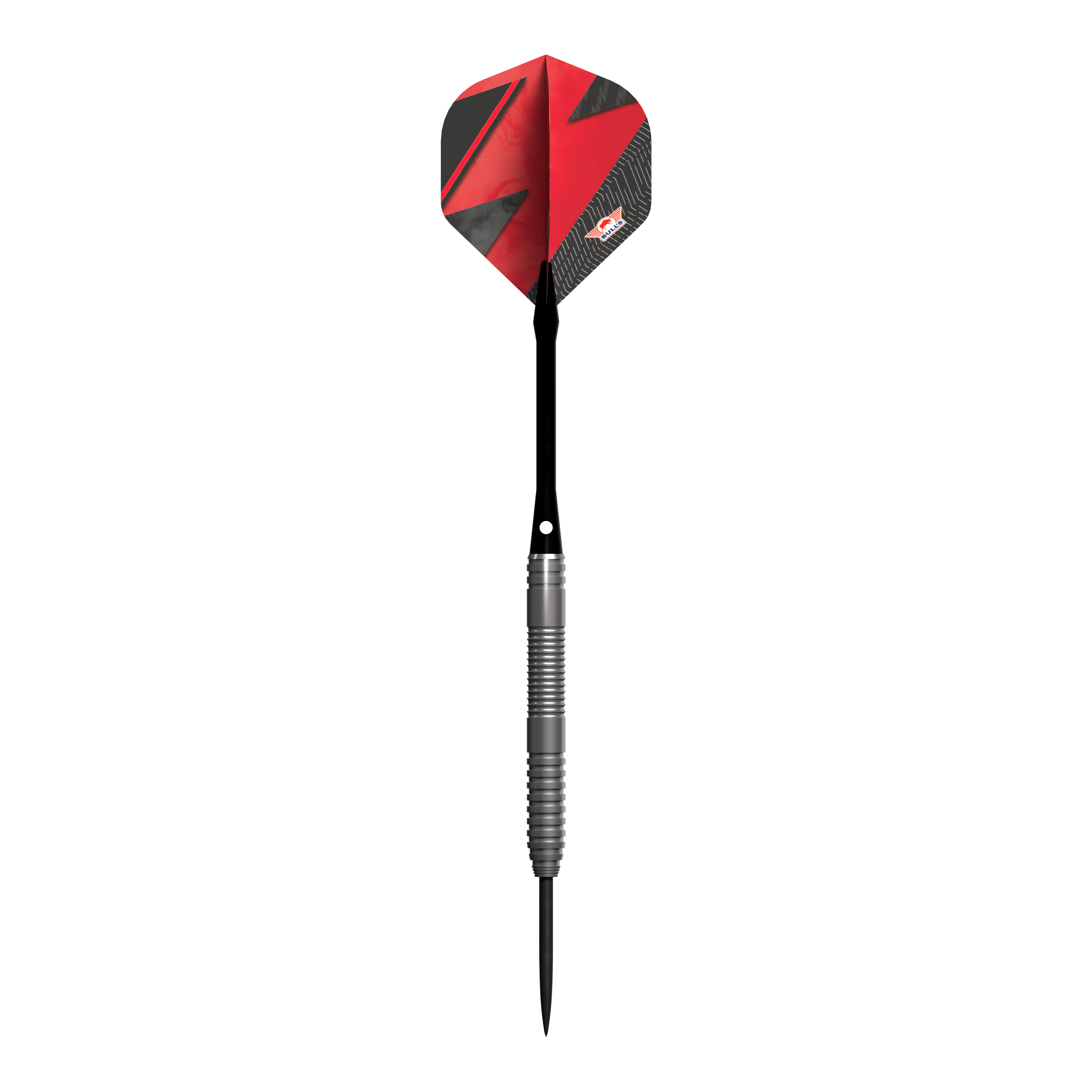 Bulls NL Lightning Freccette in acciaio rosse Das Bild zeigt einen Steeldart-Pfeil mit einem silbernen Griff und einer roten Flights. Der Pfeil trägt das Design und Logo der Marke Bulls NL Lightning Red.
