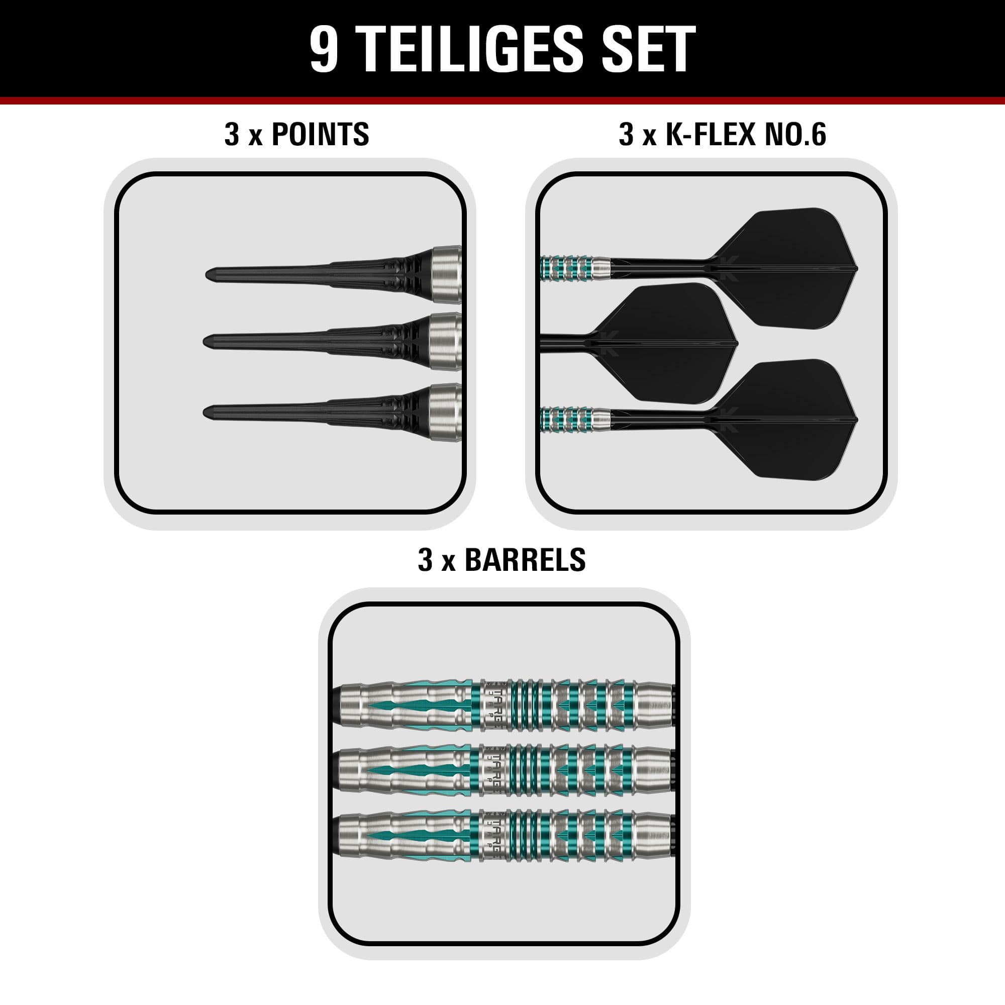 Hier sind die Target Black Marque Pierce Softdarts mit 18,5g abgebildet. Die Darts sind speziell für hohe Präzision und Stil entwickelt.