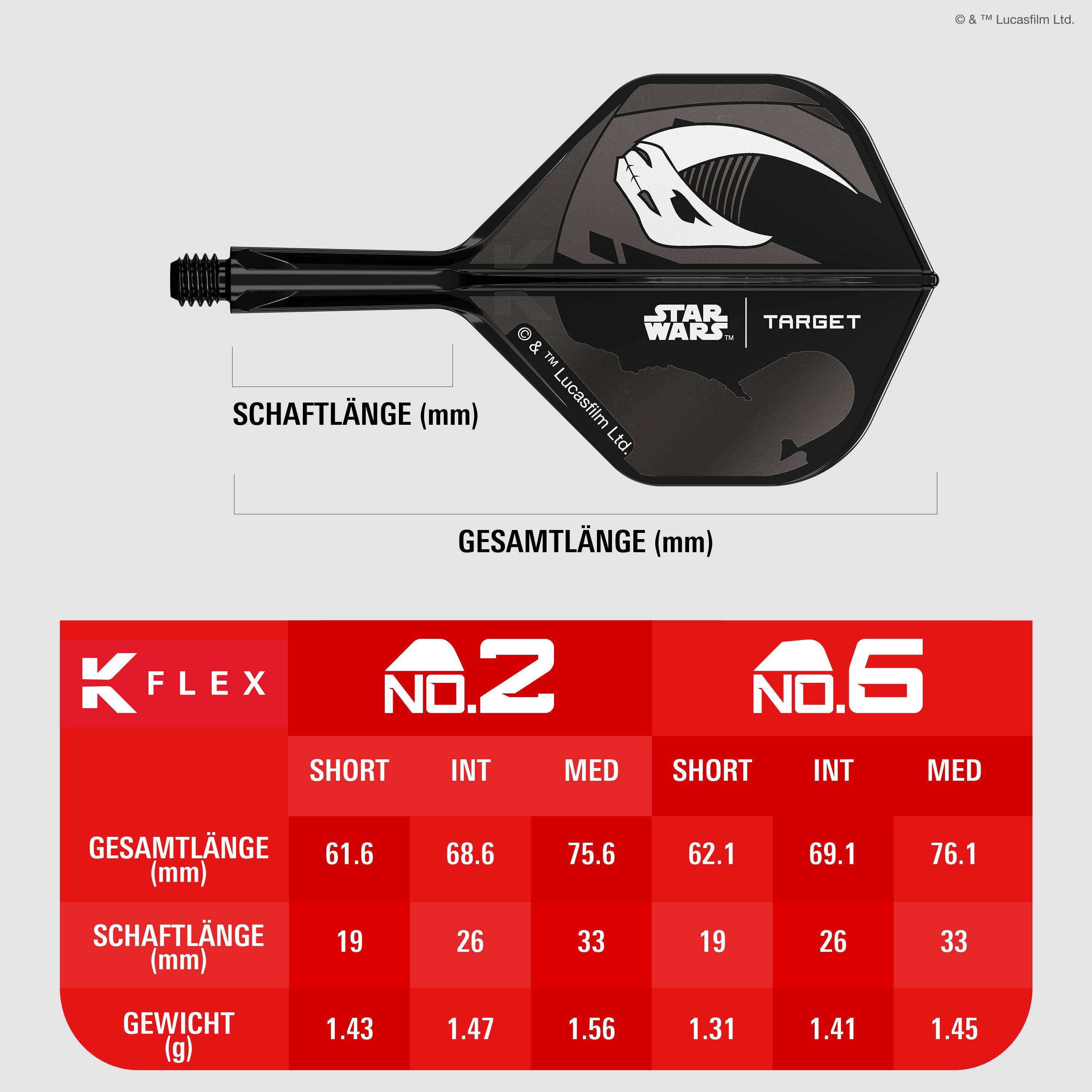 Set Target Star Wars K-Flex Mandalorian No6 Flights Abgebildet ist das Target Star Wars K-Flex-Set Mandalorian No2 Standard Flights. Die Flights zeigen ein Design im Stil von Mandalorian aus Star Wars.
