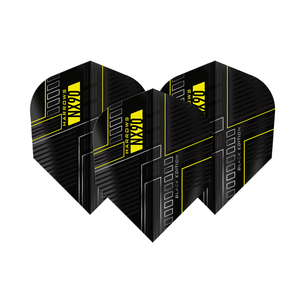 Alette Harrows NX90 Black Edition No6 Das Bild zeigt drei schwarze Dart-Flights mit dem Namen "Harrows NX90 Black-Edition No6". Die Flights haben ein modernes Design mit gelben Linien und Schriftzügen.