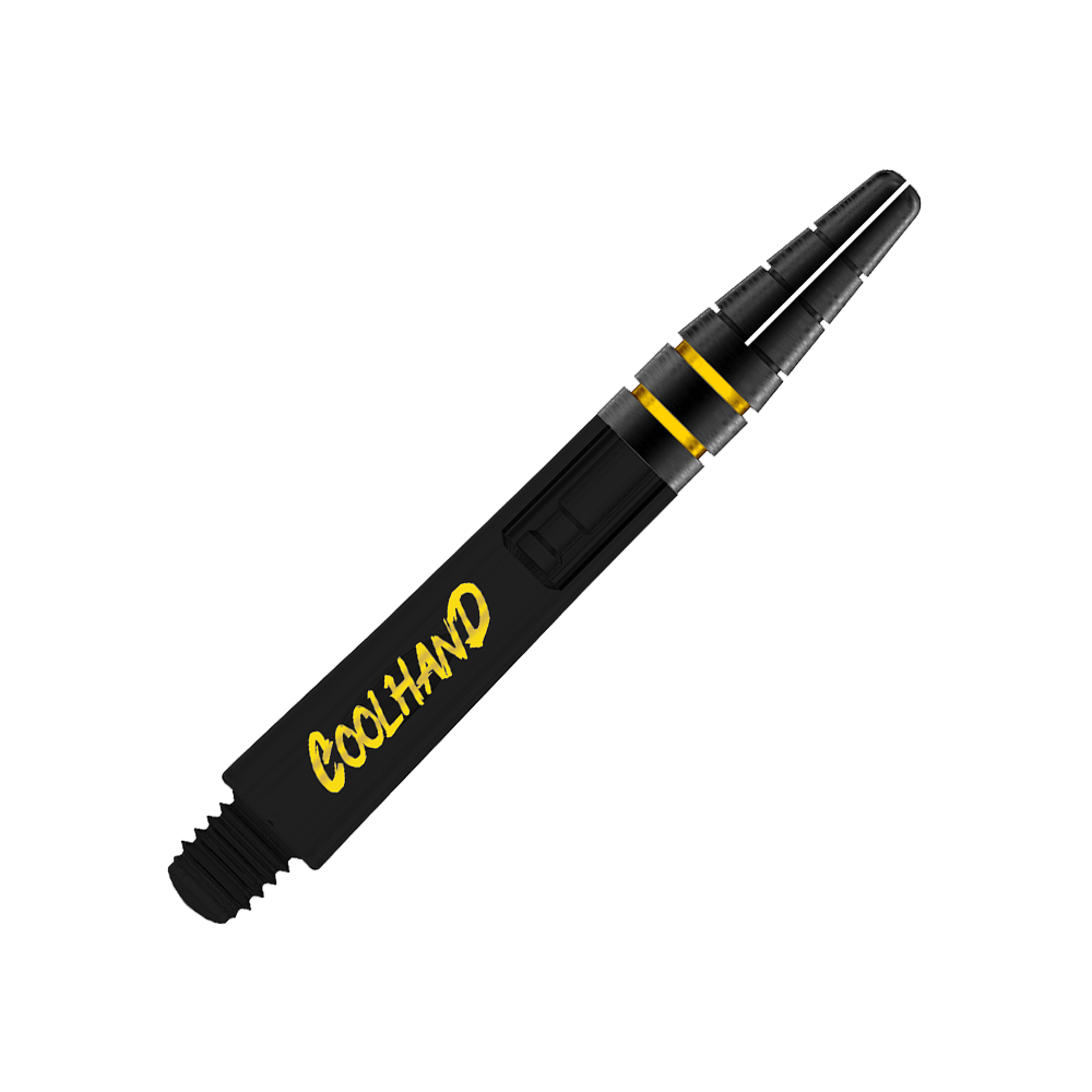 Aste Red Dragon Nitrotech Luke Humphries Coolhand - Nere Das Bild zeigt einen schwarzen Dart-Schaft mit gelben Akzenten. Auf dem Schaft steht das Wort "COOLHAND" in gelber Schrift.