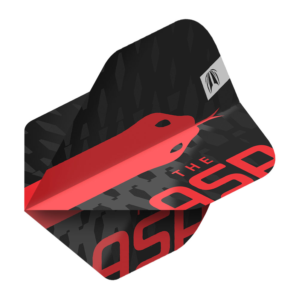 Target Pro Ultra Nathan Aspinall No2 Alette standard - 3 set Das Bild zeigt ein Dart-Flight mit einem schwarzen und roten Design sowie der Aufschrift „THE ASP“. Auf dem Flight ist eine stilisierte rote Schlange abgebildet.