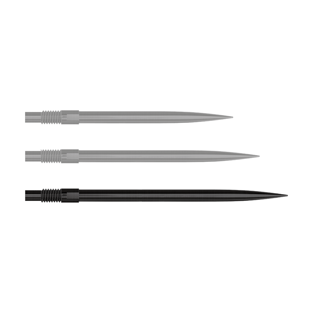 Punte per freccette Harrows Quick Point - Nere Auf diesem Bild sind 40 mm lange, schwarze Dartspitzen dargestellt. Die Spitzen werden nebeneinander angeordnet gezeigt.