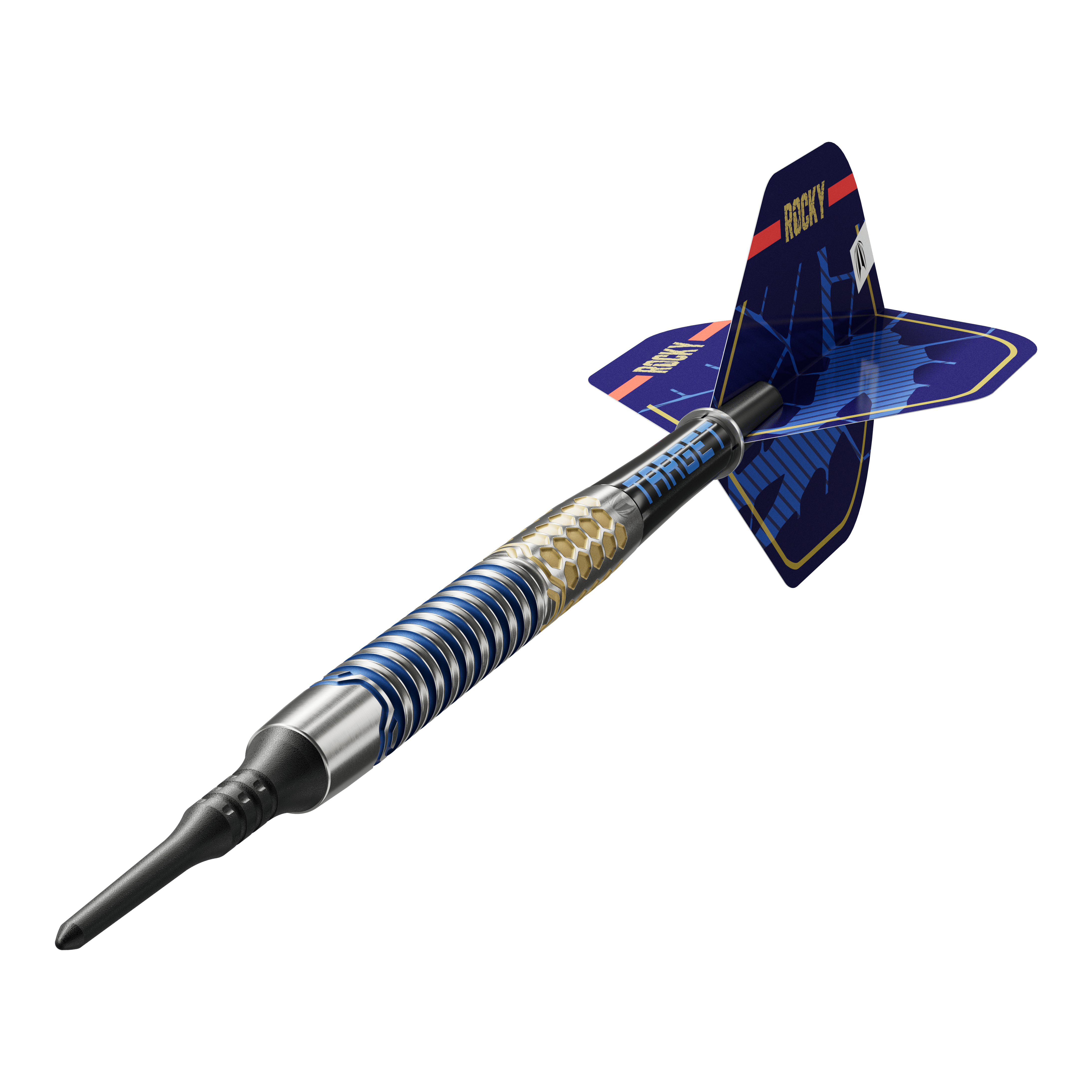 Freccette morbide Target Josh Rock GEN1 - 20 g Das Bild zeigt einen Target Josh Rock GEN1 Softdart mit einem Gewicht von 20g. Der Dart hat ein modernes, blau-silbernes Design mit auffälligen Flügeln.