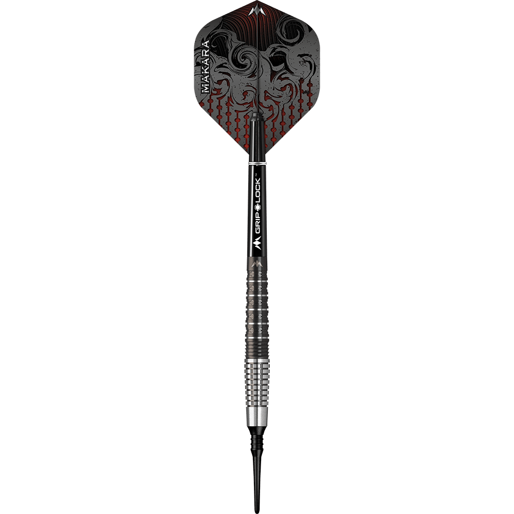 Freccette morbide Mission Makara M2 - 20 g Das Bild zeigt einen Mission Makara M2 Softdart mit einem Gewicht von 20g. Der Dart hat ein auffälliges Flight-Design in Schwarz und Rot sowie eine geriffelte silber-schwarze Griffzone.