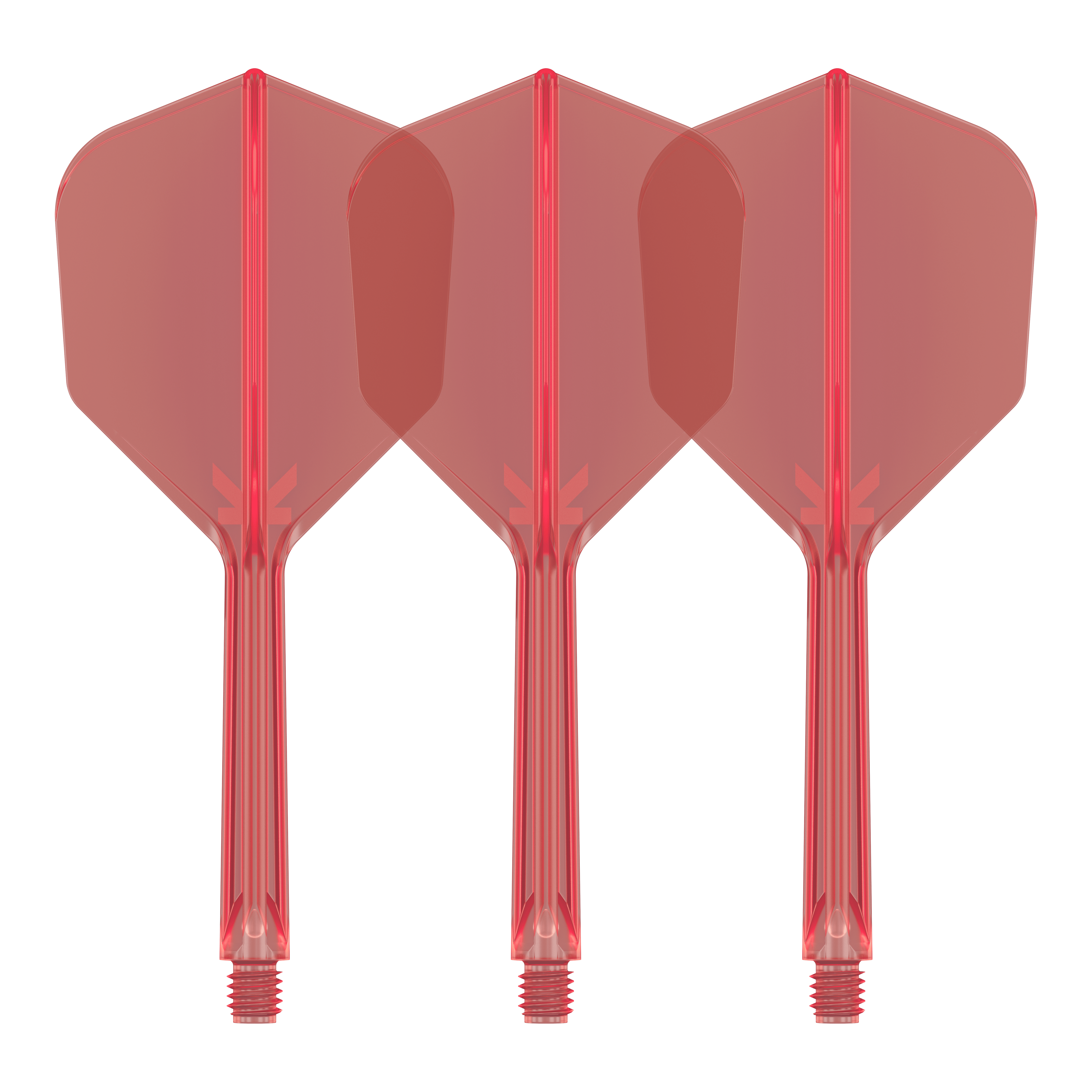 Sistema di volo Target K-Flex No6 - Rosso Auf dem Bild sind drei rote Dart-Flights mit integrierten Schäften zu sehen. Sie stehen nebeneinander und sind identisch gestaltet.