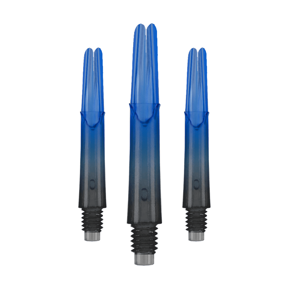 L-L-Style-Shaft Bloccato Dritto Natural9 TwoTone Shafts - Blu Das Bild zeigt drei gerade Dartschäfte mit einem Farbverlauf von Schwarz zu Blau. Sie haben Gewinde am unteren Ende und sind ohne Kappen abgebildet.