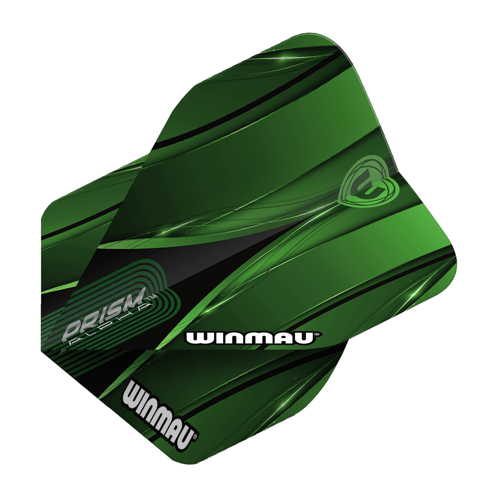 Voli standard Winmau Alpha Sniper Green Das Bild zeigt das Produkt "Winmau Alpha Sniper Green Standard Flights". Die Dart-Flights sind grün mit schwarzen und weißen Akzenten gestaltet und tragen den Schriftzug "WINMAU".