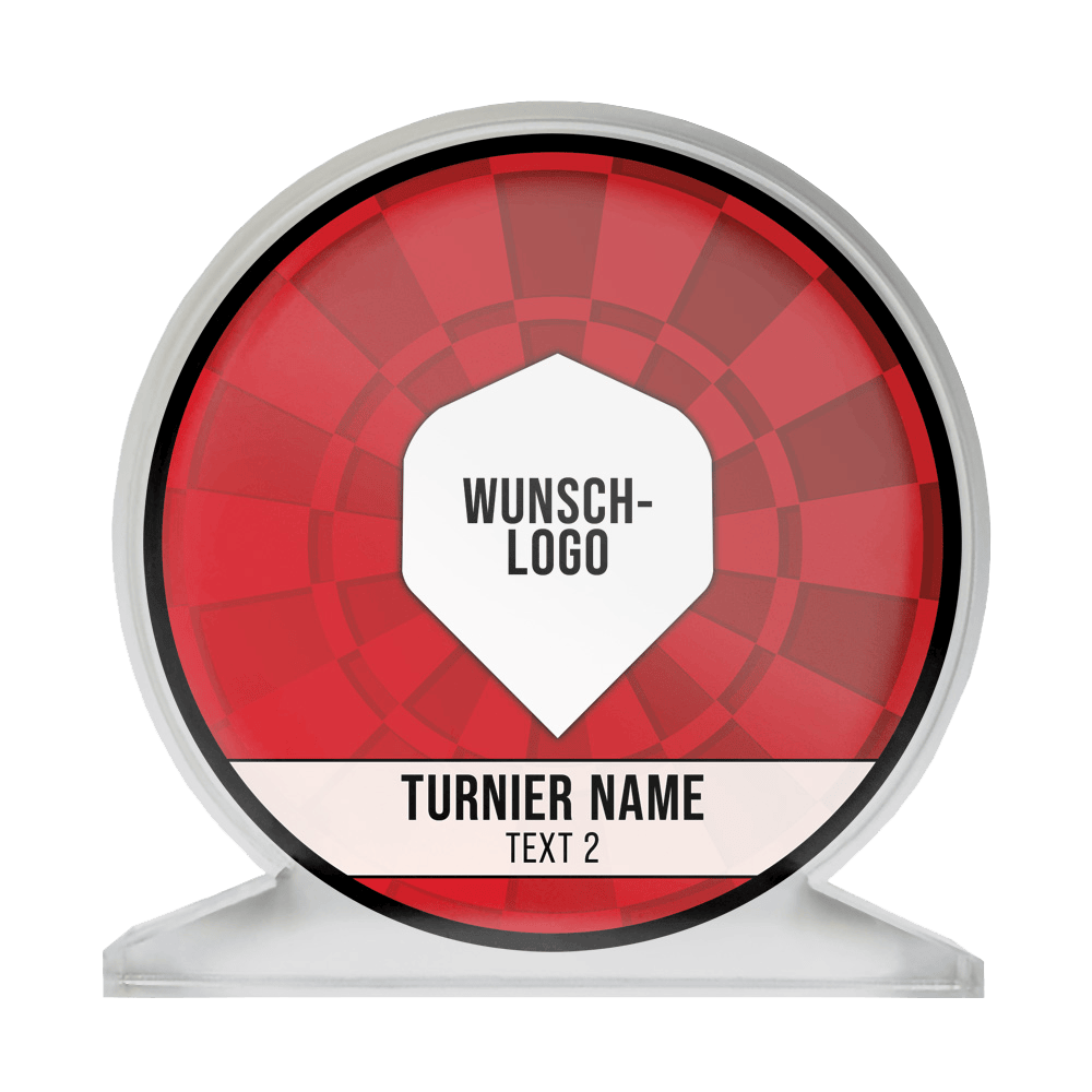 ACP-Rot_Acrylglas_Pokal_mit_Wunschdruck_Logo_Rot_1 Auf dem Bild ist ein runder Acrylglas-Pokal mit rotem Hintergrund zu sehen. In der Mitte steht "WUNSCH-LOGO" und darunter "TURNIER NAME" sowie "TEXT 2".