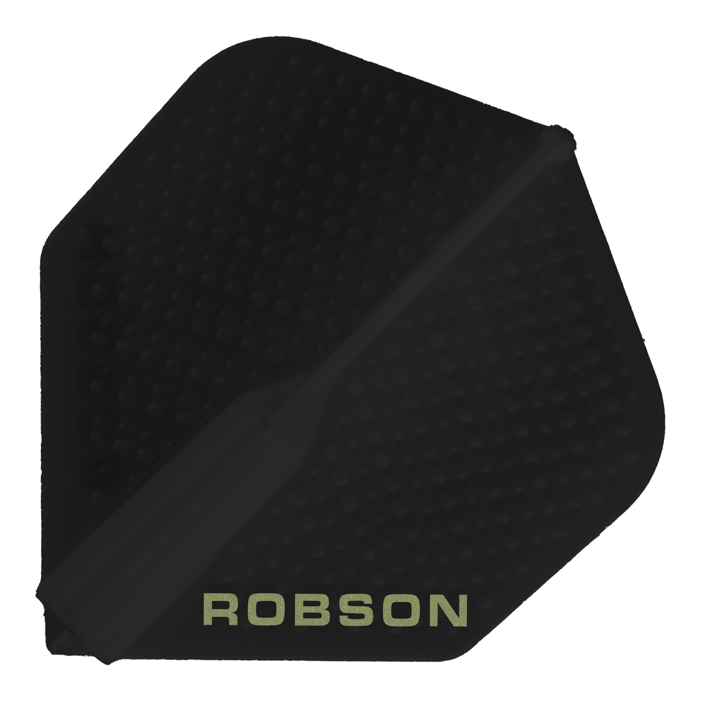 Voli Robson Plus Dimple - Nero Dieses Bild zeigt ein schwarzes Dart-Flight mit dem Namen "Robson Plus Dimple Flights - Schwarz". Auf dem Flight steht am unteren Rand das Wort "ROBSON" in hellen Buchstaben.
