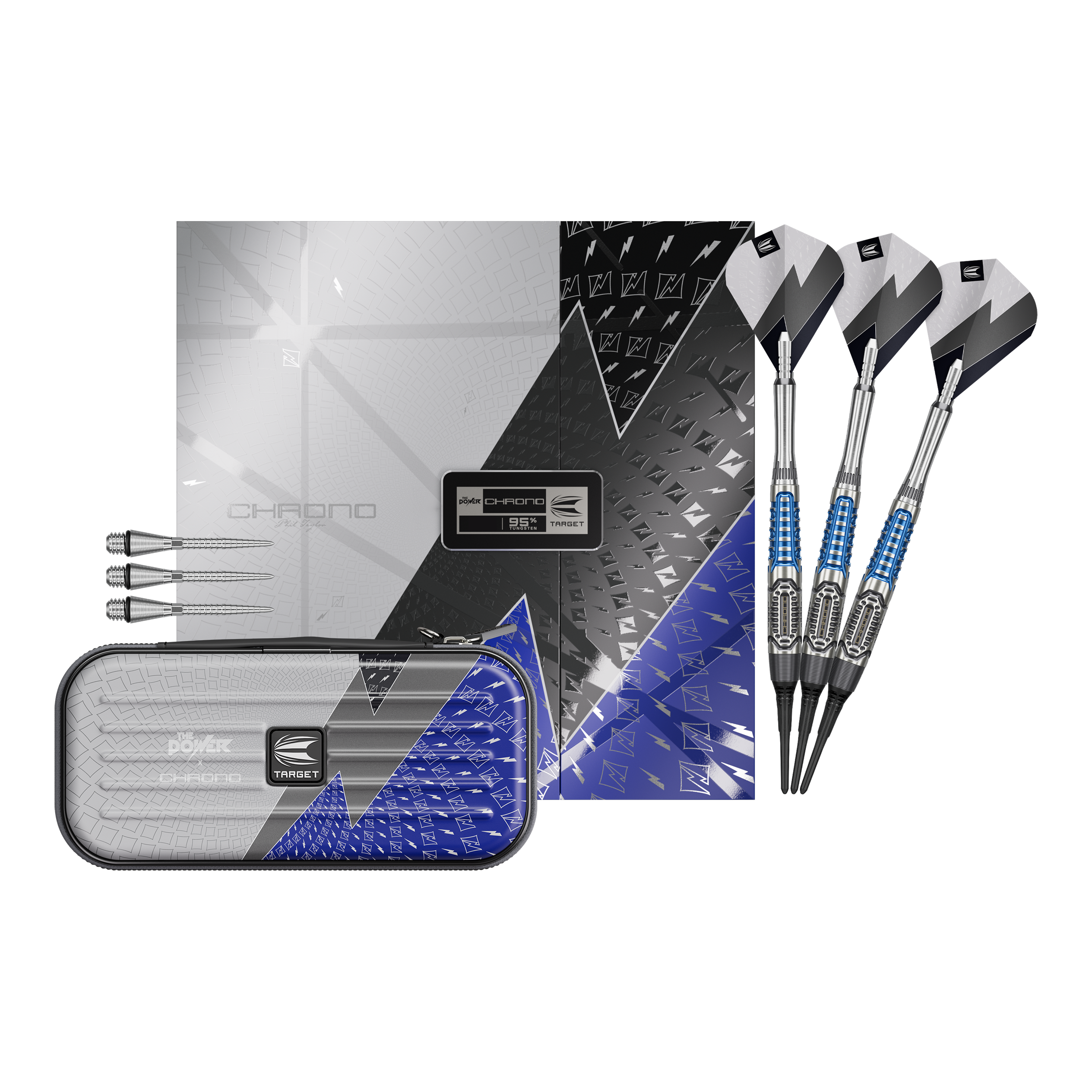 Freccette morbide Target Phil Taylor Power X Chrono Hier sieht man die Target Phil Taylor Power X Chrono Softdarts. Die Softdarts sind vollständig dargestellt und zeigen das gesamte Set.