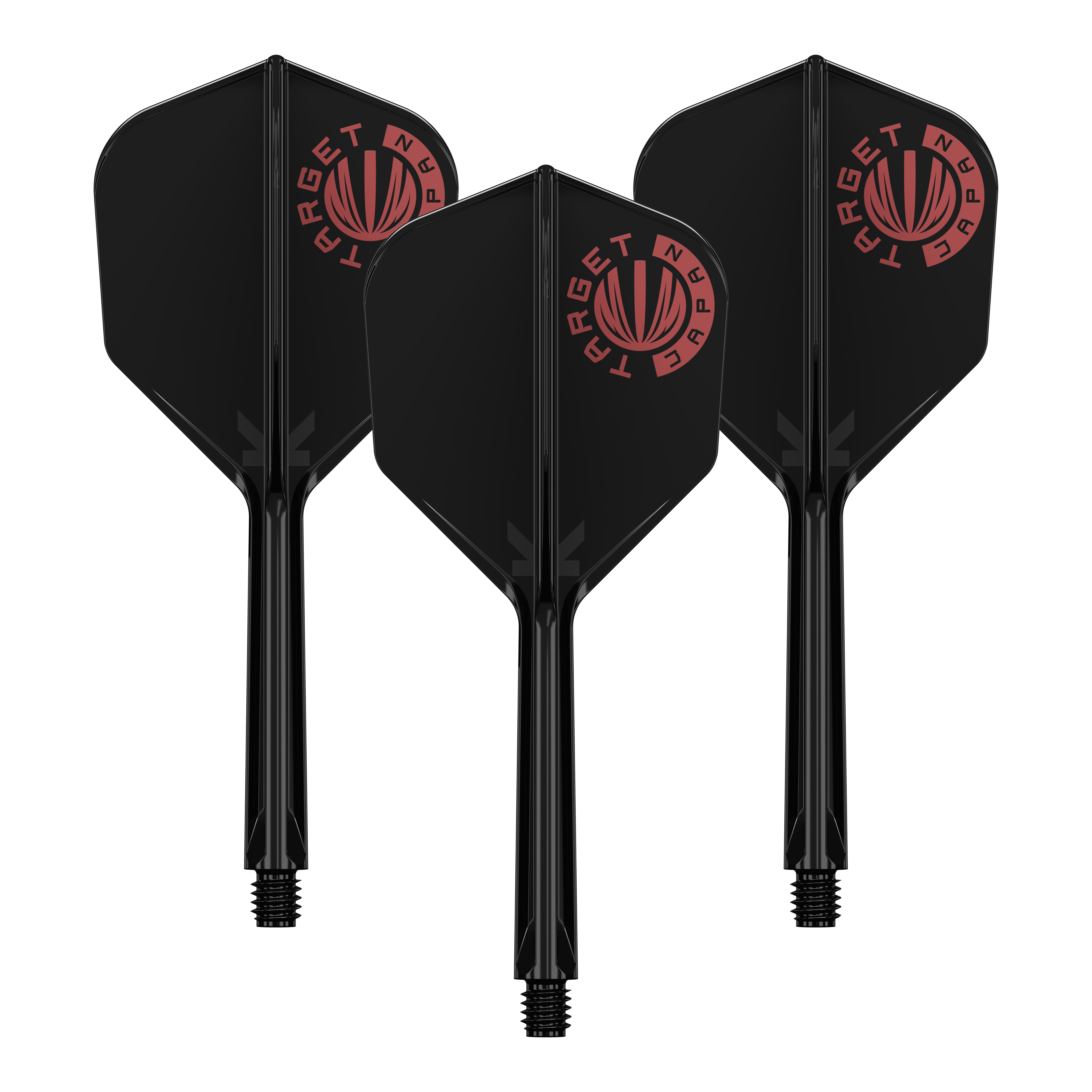 Target Japan K-Flex Logo originale Rosso Nero No6 Flight Shaft System Auf dem Bild sind drei schwarze Dartflights mit integriertem Schaft zu sehen. Oben links auf jedem Flight befindet sich ein rotes Logo mit der Aufschrift "TARGET JAPAN".