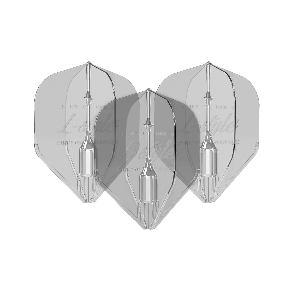 Alette Fantom L1EZ stile L trasparenti Das Bild zeigt drei transparente Dartflights des Modells "L-Style Fantom L1EZ Flights Clear". Die Flights sind klar und haben eine klassische Pfeilform.