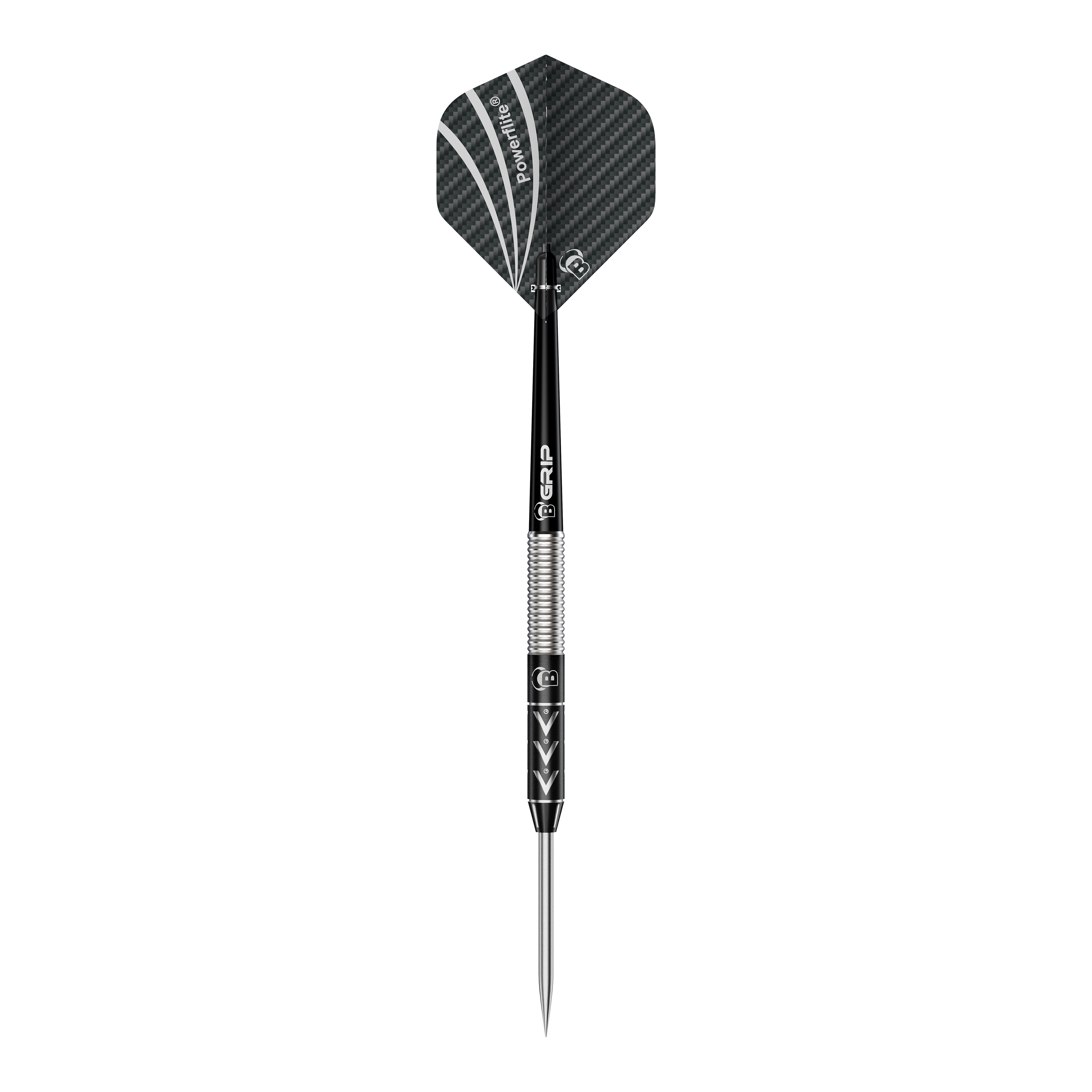 Das Bild zeigt einen Steeldart namens "Bulls Challenger Arno Merk Steeldarts - 22g". Der Dartpfeil ist schwarz-silber und hat ein modernes Design mit strukturiertem Schaft und schwarzer Flight.