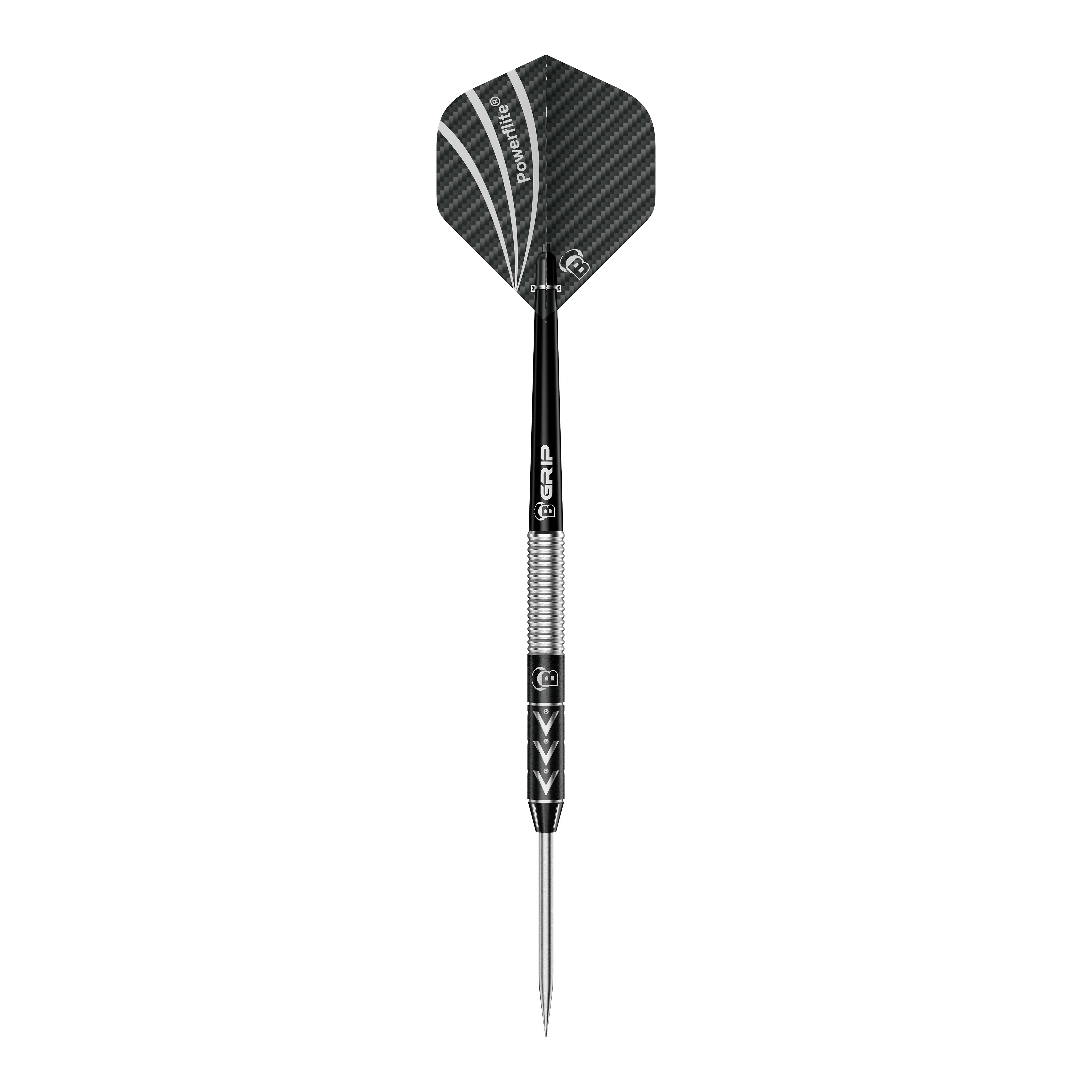 Freccette in acciaio Bulls Challenger Arno Merk - 22g Das Bild zeigt einen Steeldart namens "Bulls Challenger Arno Merk Steeldarts - 22g". Der Dartpfeil ist schwarz-silber und hat ein modernes Design mit strukturiertem Schaft und schwarzer Flight.