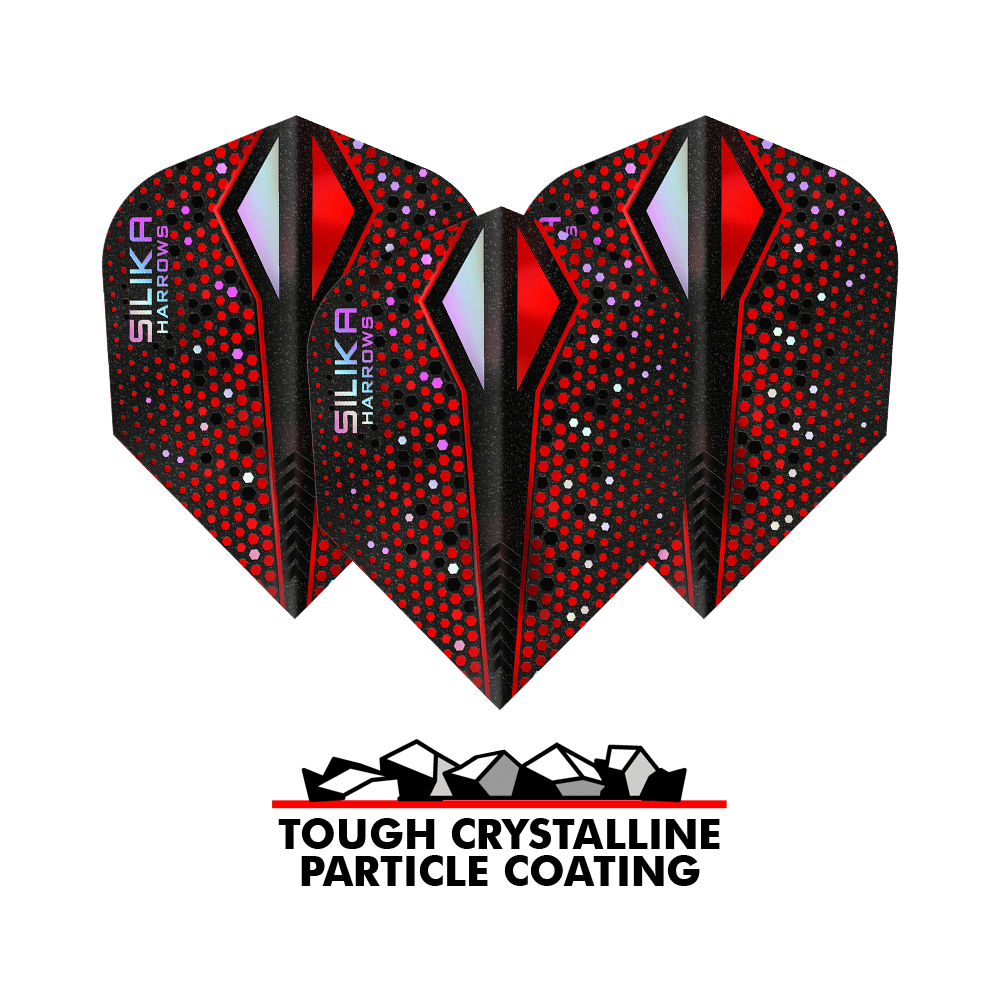 Rivestimento cristallino resistente Harrows Silika Colourshift Red-X No6 Flights Das Bild zeigt drei Dart-Flights der Marke Harrows Silika Colourshift in Rot und Schwarz mit bunten Punkten. Unter den Flights steht der Text „Tough Crystalline Particle Coating“ mit einer Grafik von kleinen Kristallen.