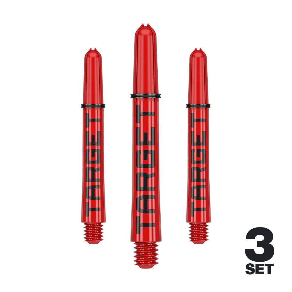 Aste Target Pro Grip TAG - 3 set - Rosso Das Bild zeigt drei rote Dartschäfte mit der Aufschrift "TARGET". Unten rechts steht "3 SET", was auf ein Set mit drei Stück hinweist.